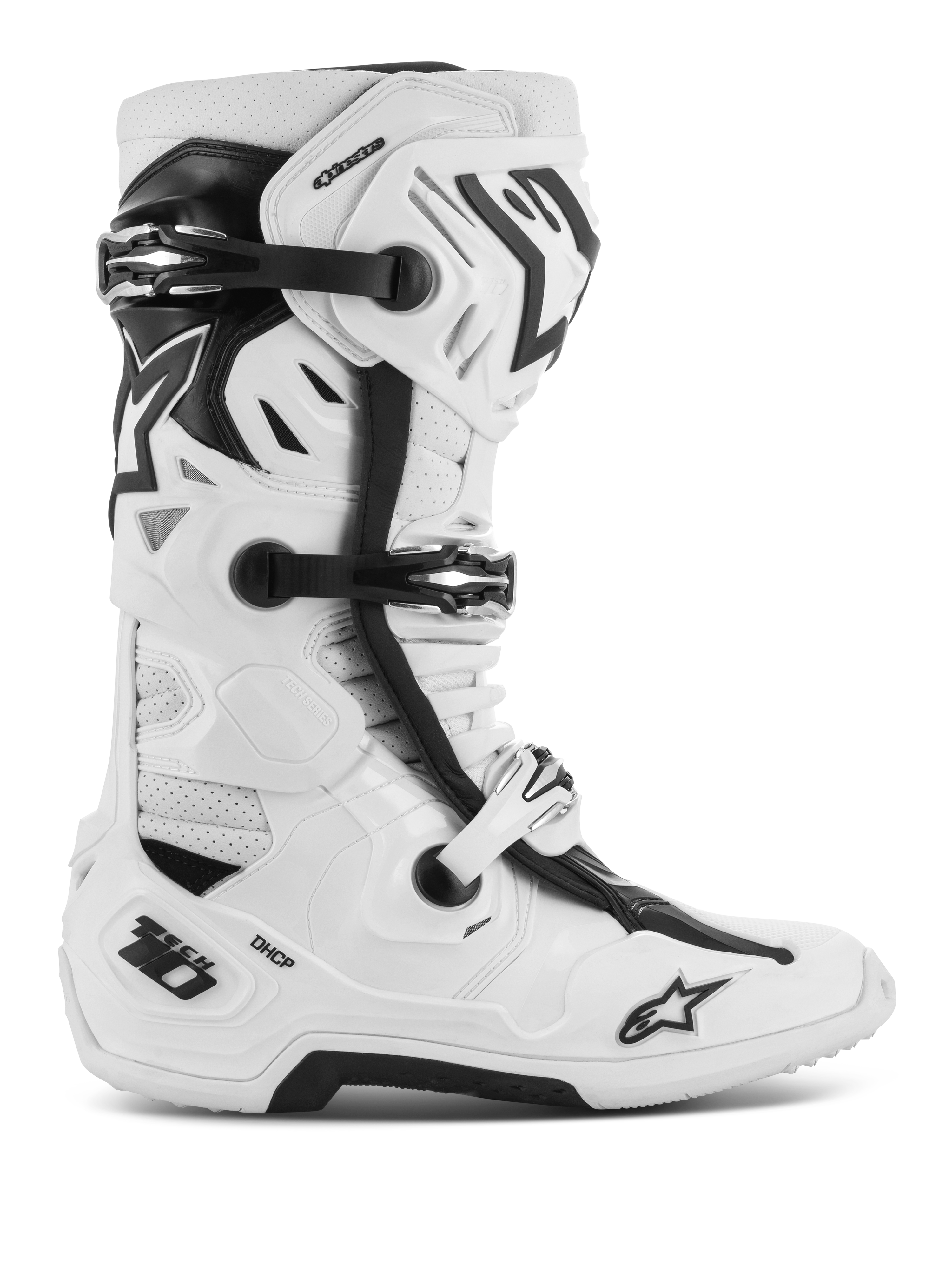 Alpinestars Tech 10 Supervented Boots, stivali da motocross e fuoristrada, bianco e nero, con fibbie regolabili multiple, pannelli di ventilazione traforati e design alto protettivo e robusto