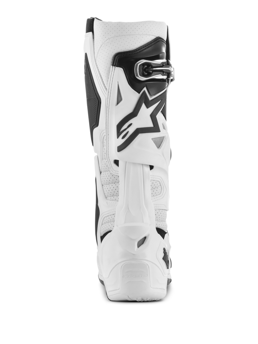 Stivali Alpinestars Tech 10 Supervented, stivali da motocross bianchi, vista posteriore con microfibra traforata per il flusso d'aria, sistema a lama posteriore in TPU bianco, logo a stella nero e chiusura con fibbia sicura, calzature da fuoristrada ad alte prestazioni