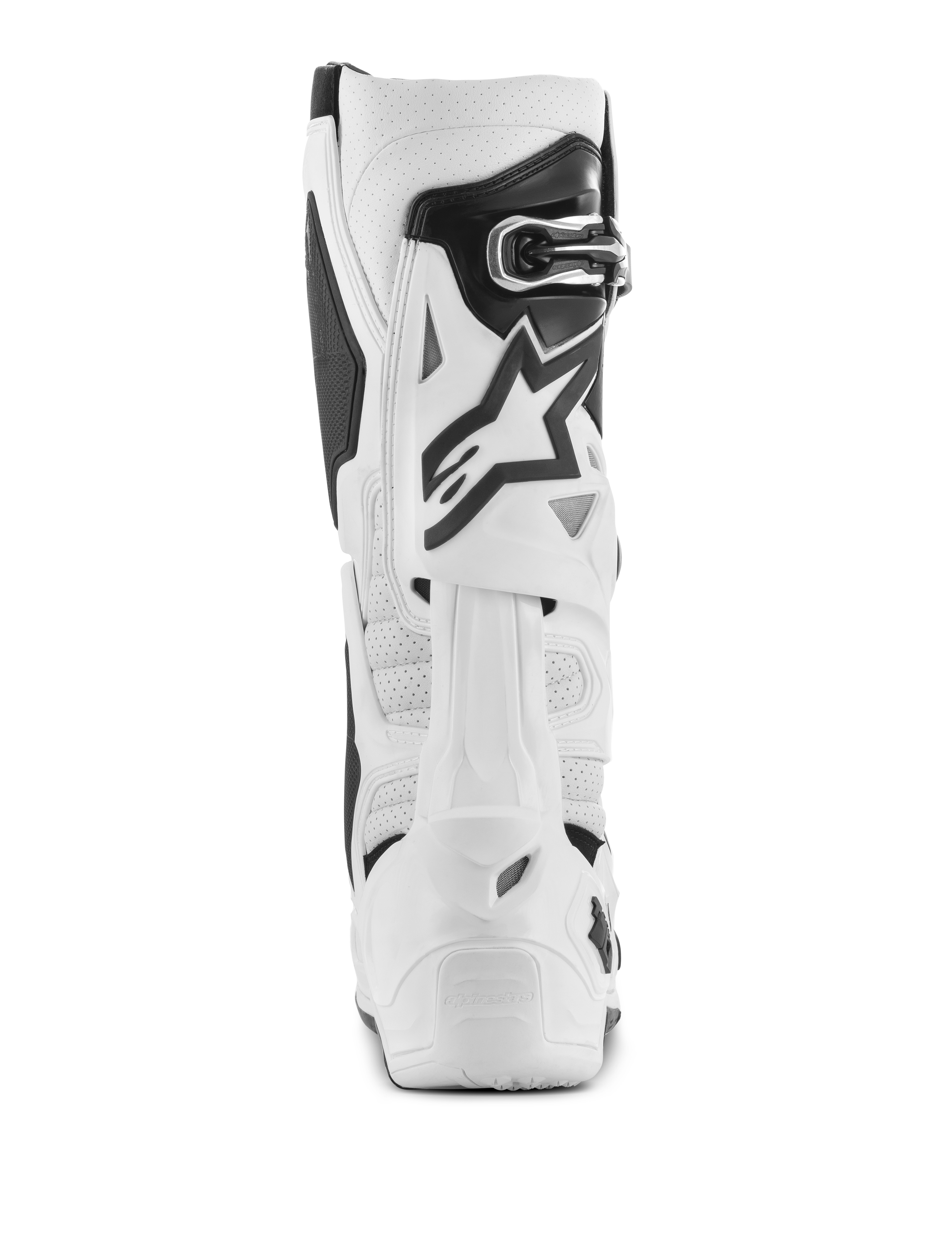 Stivali Alpinestars Tech 10 Supervented, stivali da motocross bianchi, vista posteriore con microfibra traforata per il flusso d'aria, sistema a lama posteriore in TPU bianco, logo a stella nero e chiusura con fibbia sicura, calzature da fuoristrada ad alte prestazioni