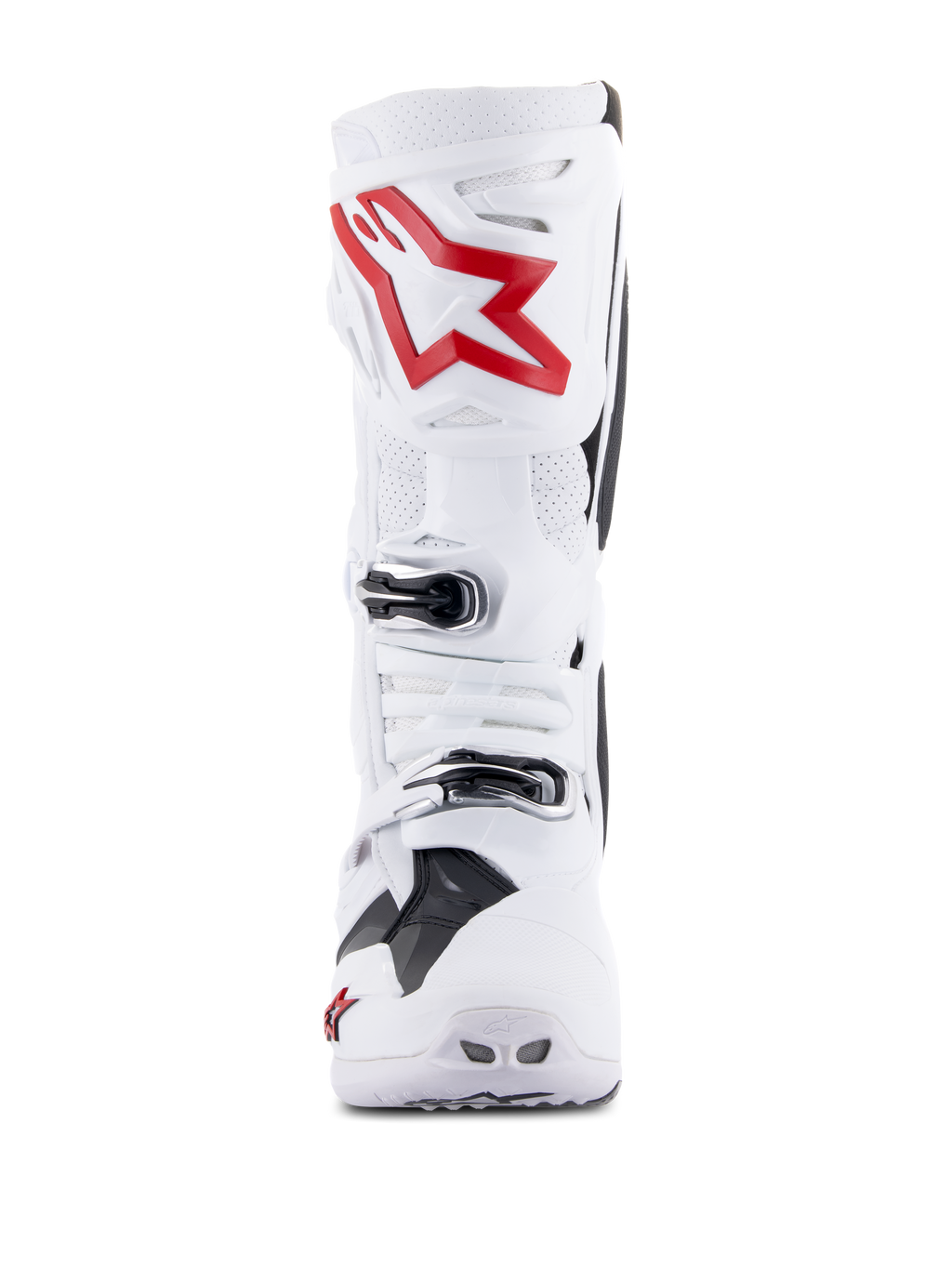 Stivali Alpinestars Tech 10 Supervented, bianco e rosso acceso, vista frontale con pannelli traforati ventilati, grande logo a stella rossa sulla placca tibiale, fibbie argentate regolabili, design da motocross ad alte prestazioni