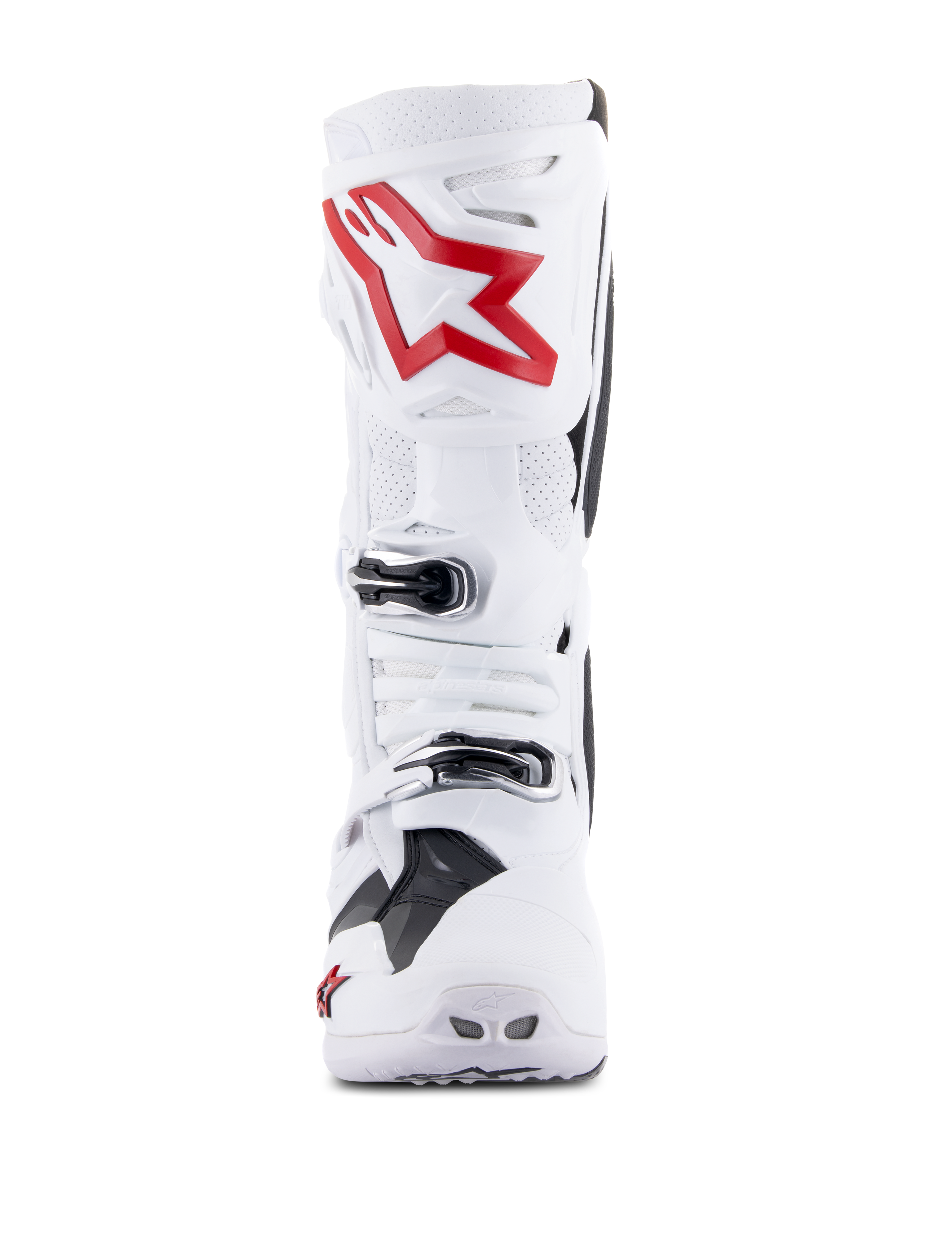Stivali Alpinestars Tech 10 Supervented, bianco e rosso acceso, vista frontale con pannelli traforati ventilati, grande logo a stella rossa sulla placca tibiale, fibbie argentate regolabili, design da motocross ad alte prestazioni