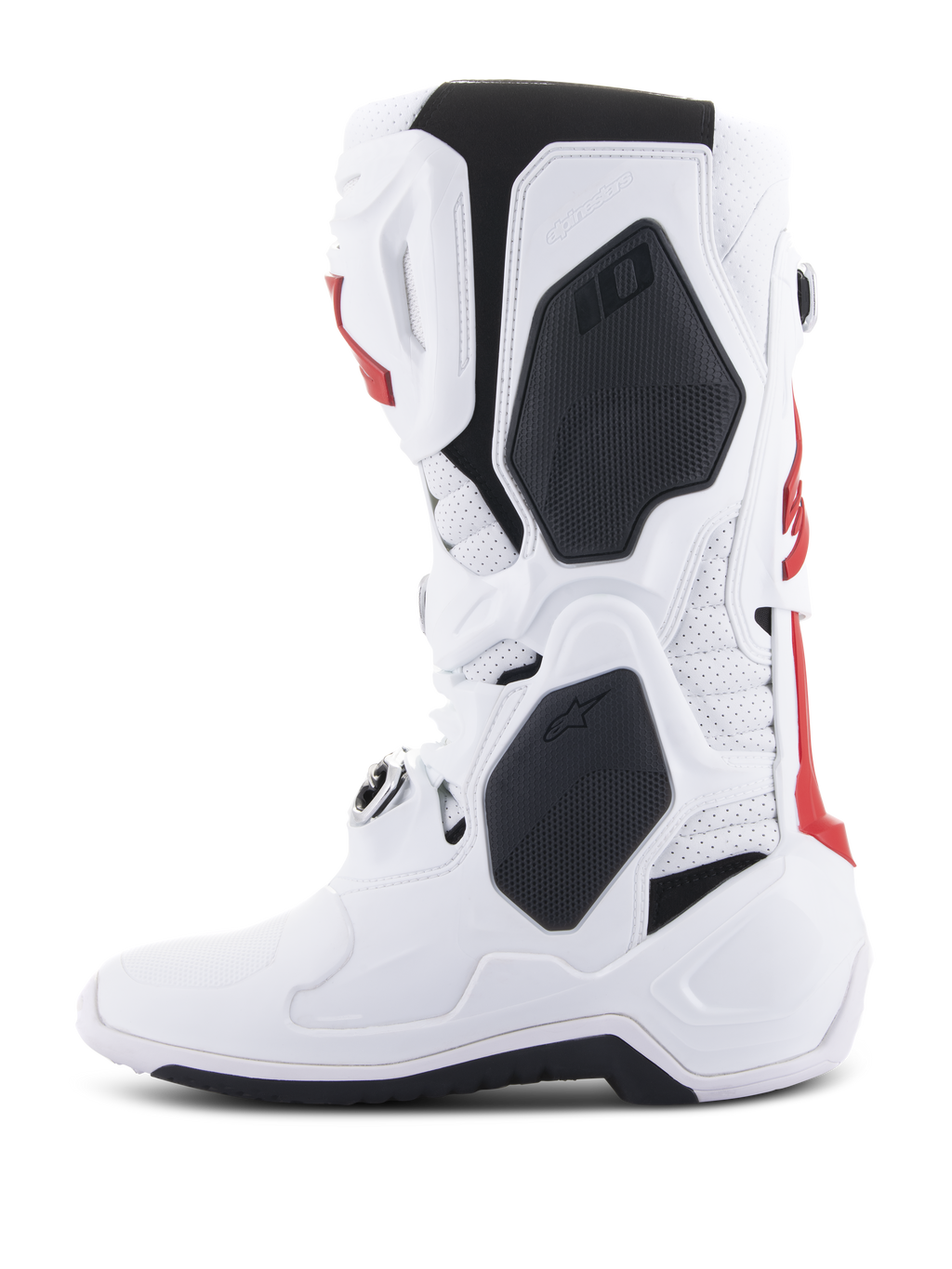 Stivali Alpinestars Tech 10 Supervented, stivali da motocross, bianco e rosso acceso con dettagli neri, vista laterale di profilo che evidenzia la struttura ventilata e il guscio protettivo in TPU