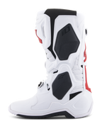 Stivali Alpinestars Tech 10 Supervented, stivali da motocross, bianco e rosso acceso con dettagli neri, vista laterale di profilo che evidenzia la struttura ventilata e il guscio protettivo in TPU