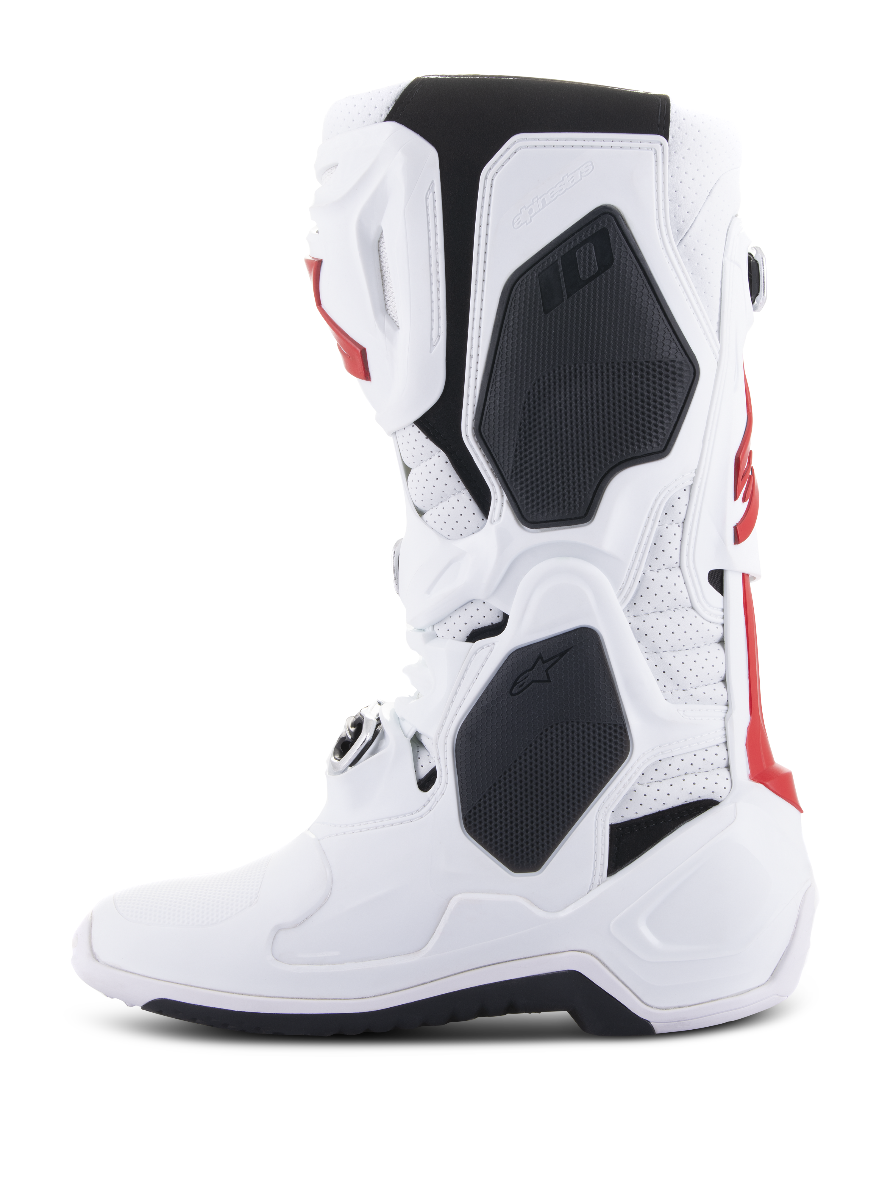 Stivali Alpinestars Tech 10 Supervented, stivali da motocross, bianco e rosso acceso con dettagli neri, vista laterale di profilo che evidenzia la struttura ventilata e il guscio protettivo in TPU