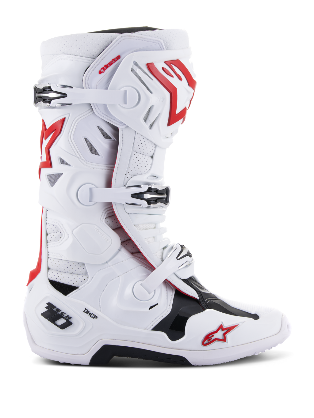 Stivali Alpinestars Tech 10 Supervented, stivali da motocross e fuoristrada racing, bianco rosso nero, sistema di chiusura a fibbie multiple, pannelli di ventilazione traforati, logo stella rossa, tecnologia DHCP, pannelli protettivi rinforzati, suola off-road robusta