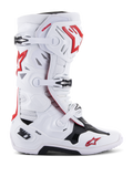 Stivali Alpinestars Tech 10 Supervented, stivali da motocross e fuoristrada racing, bianco rosso nero, sistema di chiusura a fibbie multiple, pannelli di ventilazione traforati, logo stella rossa, tecnologia DHCP, pannelli protettivi rinforzati, suola off-road robusta