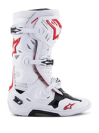 Stivali Alpinestars Tech 10 Supervented, stivali da motocross e fuoristrada racing, bianco rosso nero, sistema di chiusura a fibbie multiple, pannelli di ventilazione traforati, logo stella rossa, tecnologia DHCP, pannelli protettivi rinforzati, suola off-road robusta