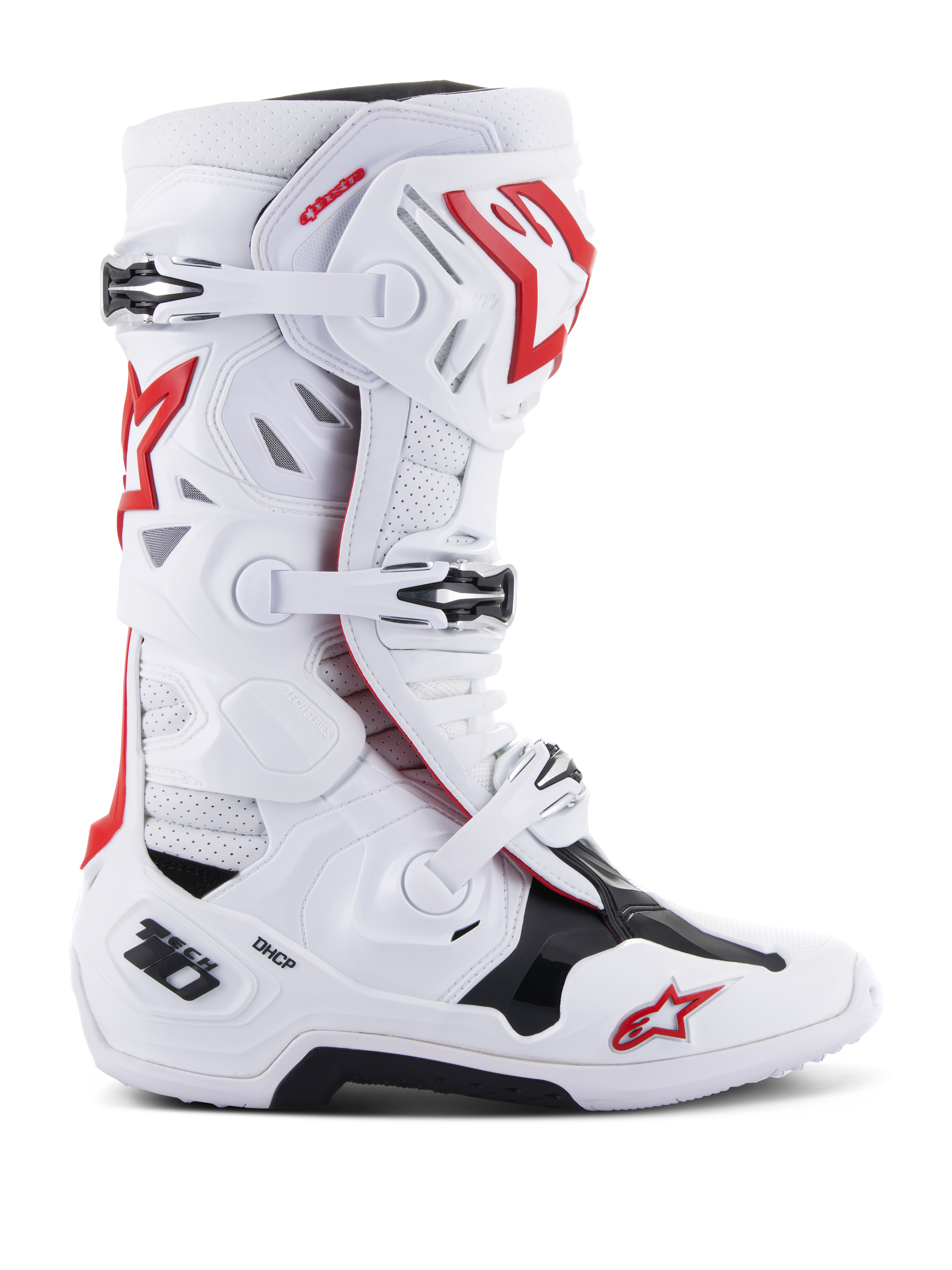 Stivali Alpinestars Tech 10 Supervented, stivali da motocross e fuoristrada racing, bianco rosso nero, sistema di chiusura a fibbie multiple, pannelli di ventilazione traforati, logo stella rossa, tecnologia DHCP, pannelli protettivi rinforzati, suola off-road robusta