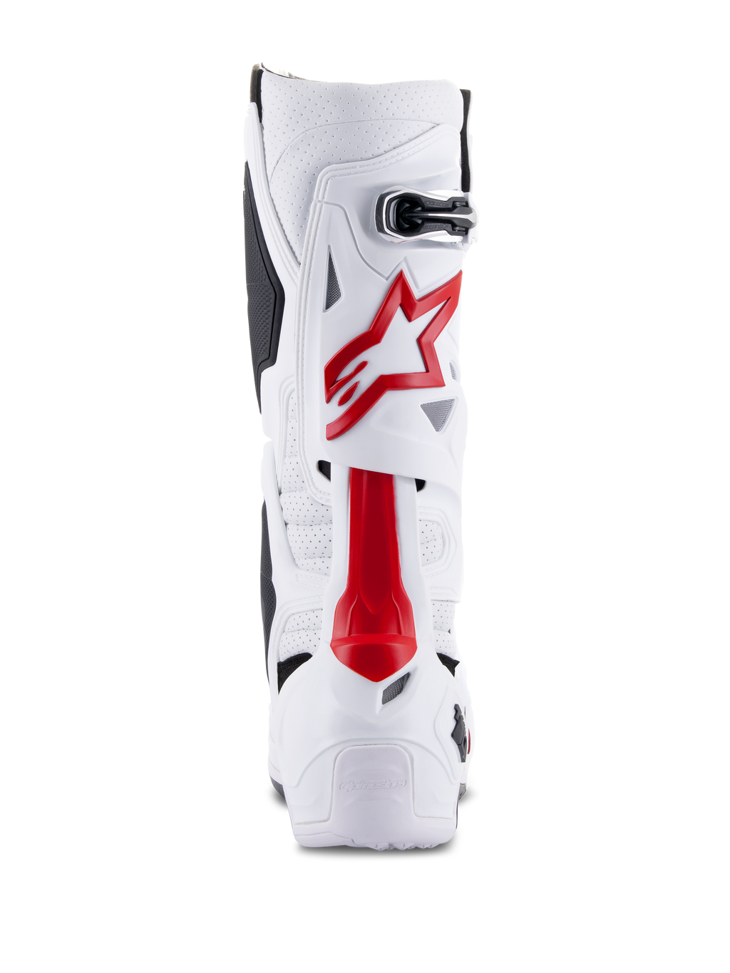 Stivali Alpinestars Tech 10 Supervented, stivali da motocross, bianco e rosso brillante, vista posteriore che mostra la microfibra ventilata, il logo con stella rossa e il guscio in TPU rinforzato per prestazioni fuoristrada