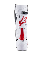 Stivali Alpinestars Tech 10 Supervented, stivali da motocross, bianco e rosso brillante, vista posteriore che mostra la microfibra ventilata, il logo con stella rossa e il guscio in TPU rinforzato per prestazioni fuoristrada