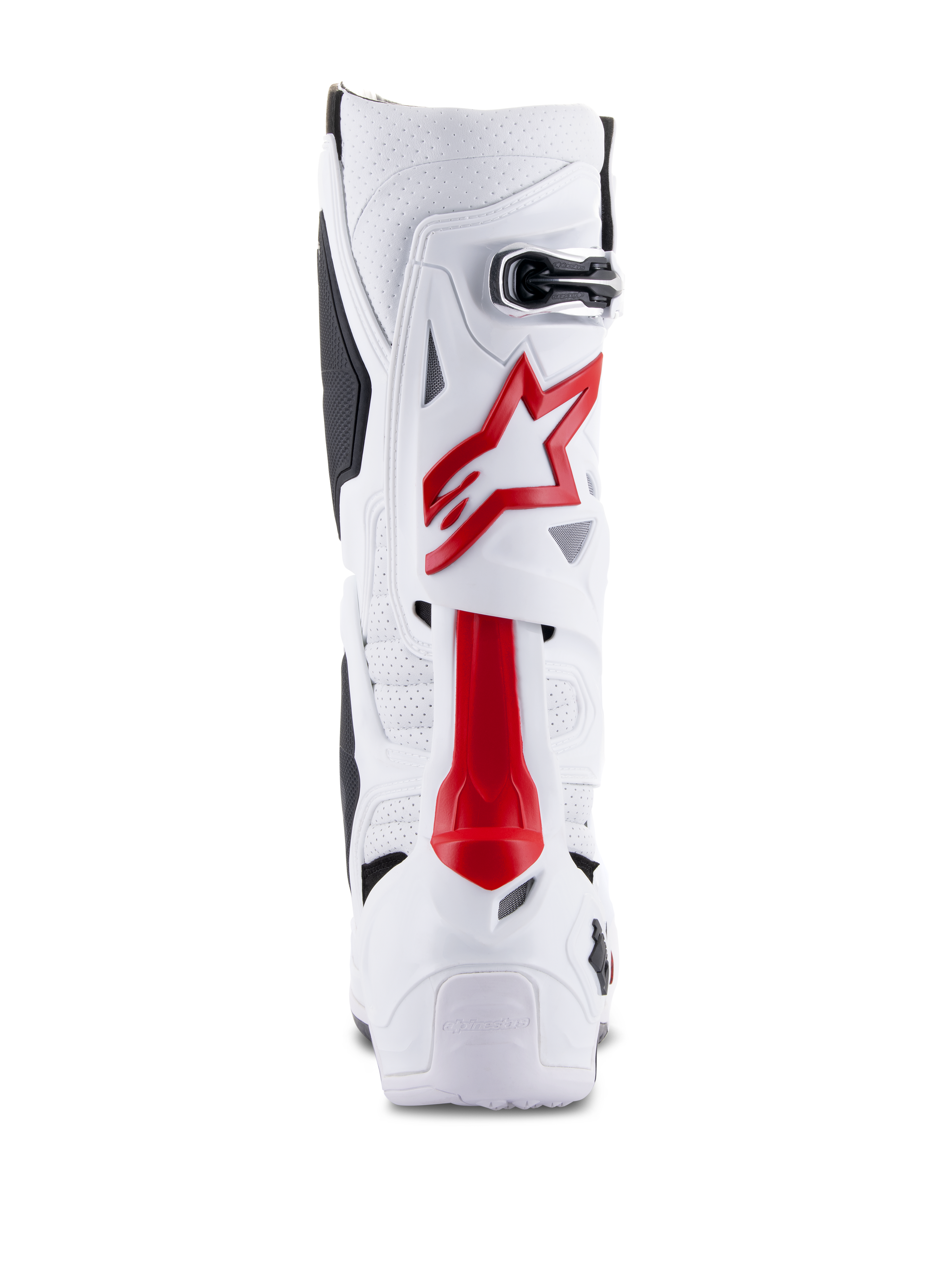 Stivali Alpinestars Tech 10 Supervented, stivali da motocross, bianco e rosso brillante, vista posteriore che mostra la microfibra ventilata, il logo con stella rossa e il guscio in TPU rinforzato per prestazioni fuoristrada
