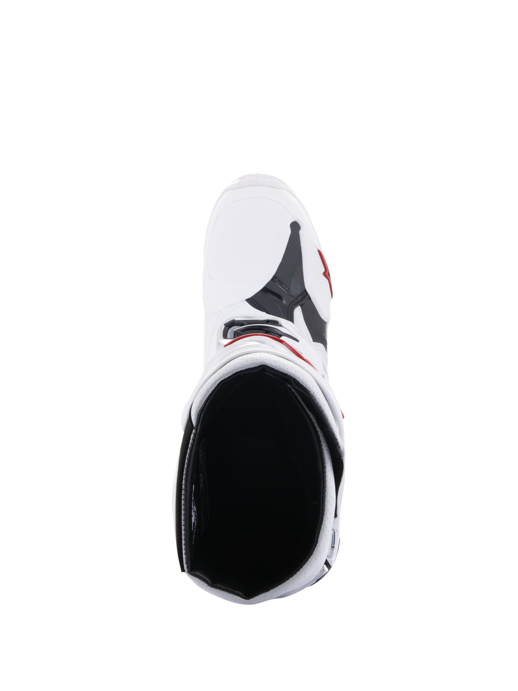 Stivali Alpinestars Tech 10 Supervented, stivali da motocross, bianco e rosso brillante, vista dall'alto che mostra la fodera interna in mesh e la costruzione superiore ventilata, equipaggiamento da gara fuoristrada ad alte prestazioni