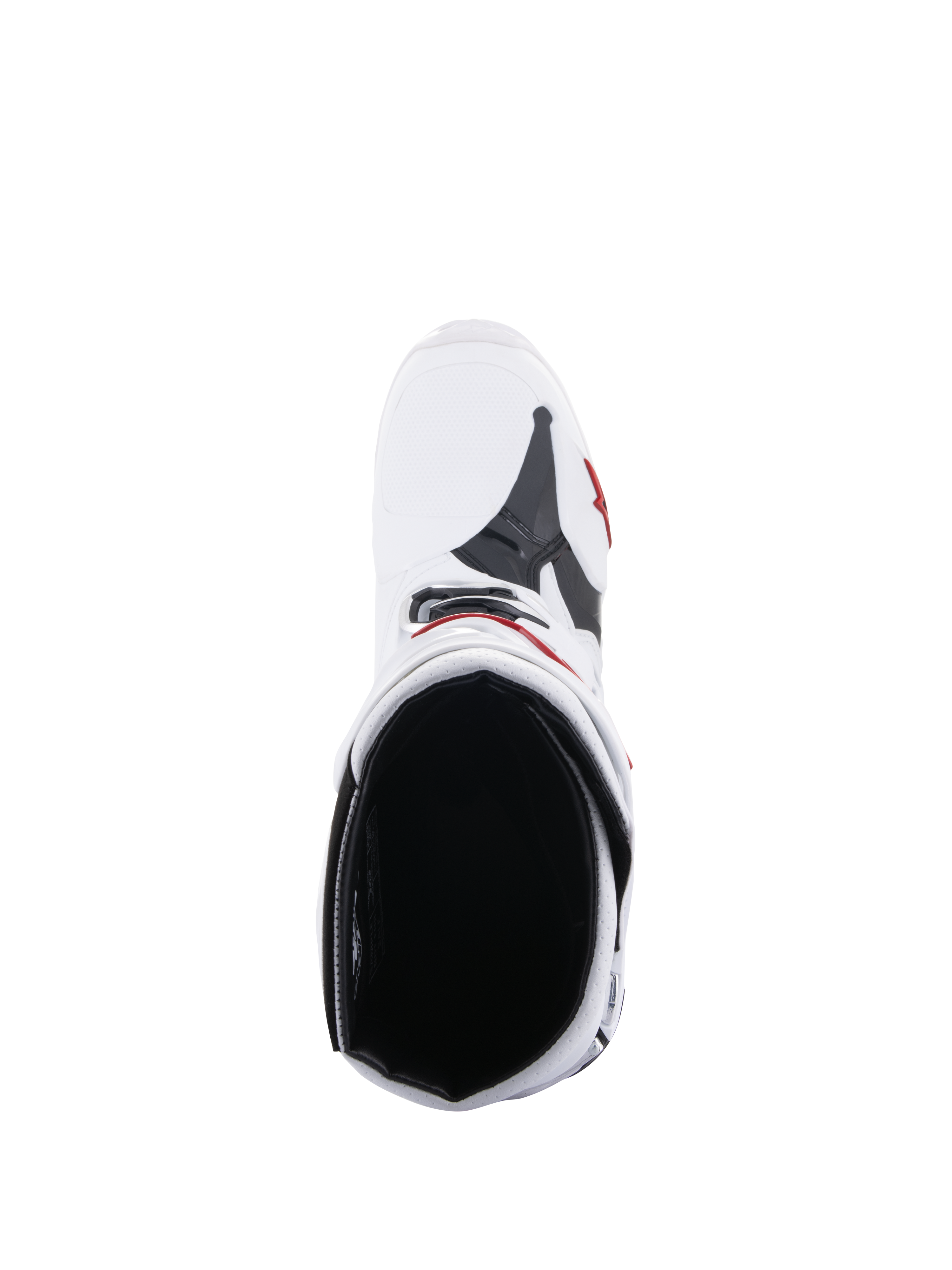 Stivali Alpinestars Tech 10 Supervented, stivali da motocross, bianco e rosso brillante, vista dall'alto che mostra la fodera interna in mesh e la costruzione superiore ventilata, equipaggiamento da gara fuoristrada ad alte prestazioni