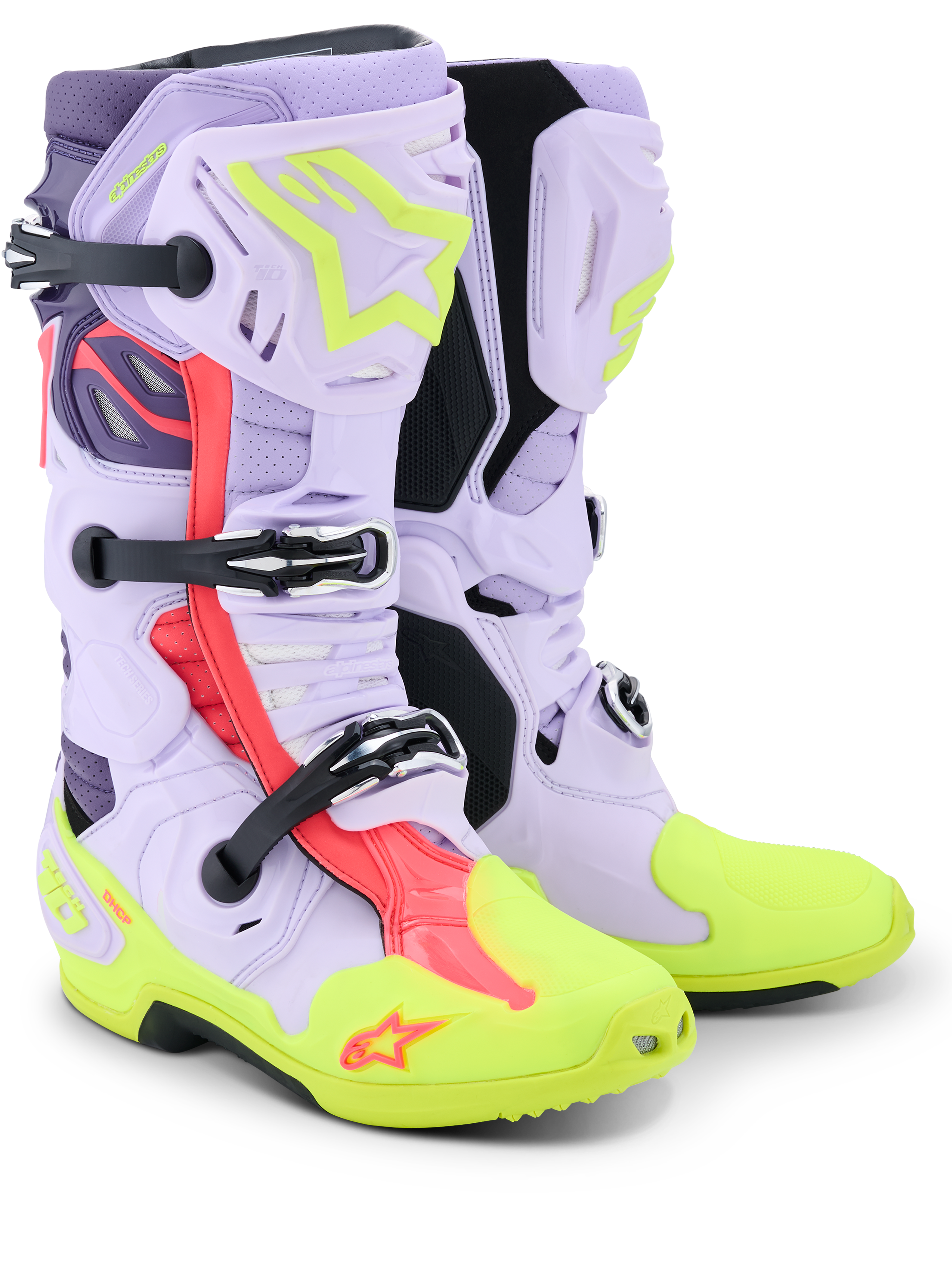 Alpinestars Tech 10 Supervented Boots, stivali da motocross, viola, giallo fluo e rosa diva, con costruzione in microfibra traforata per il massimo flusso d'aria, sistema di fibbie meccaniche, punta e suola giallo neon brillante e vivaci accenti rosa.