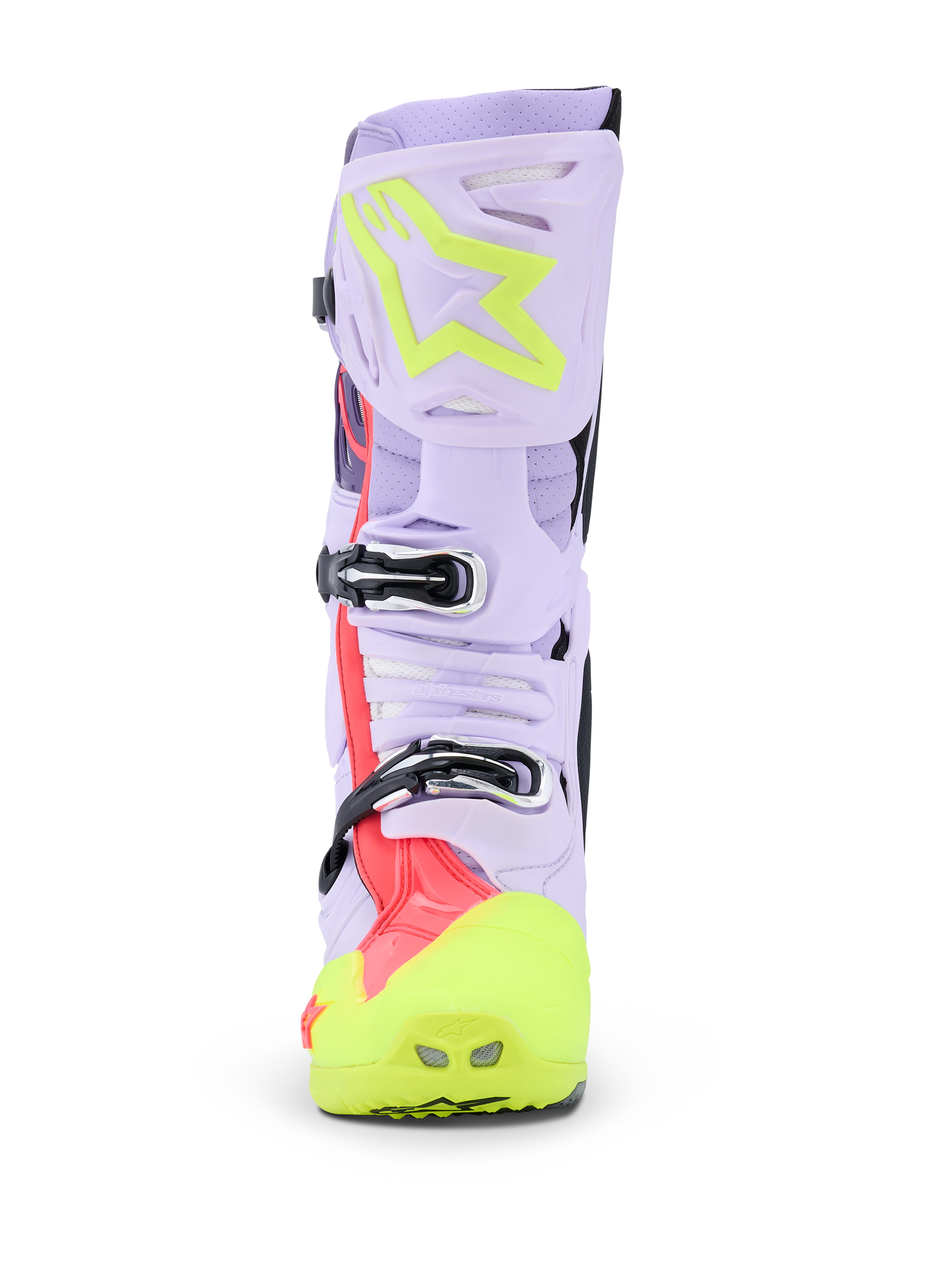 Stivali Alpinestars Tech 10 Supervented, stivali da motocross, viola, giallo fluo e Diva Pink, vista frontale che mette in risalto il sistema di fibbie e la placca tibiale ventilata, calzature da fuoristrada professionali con tomaia in microfibra traforata