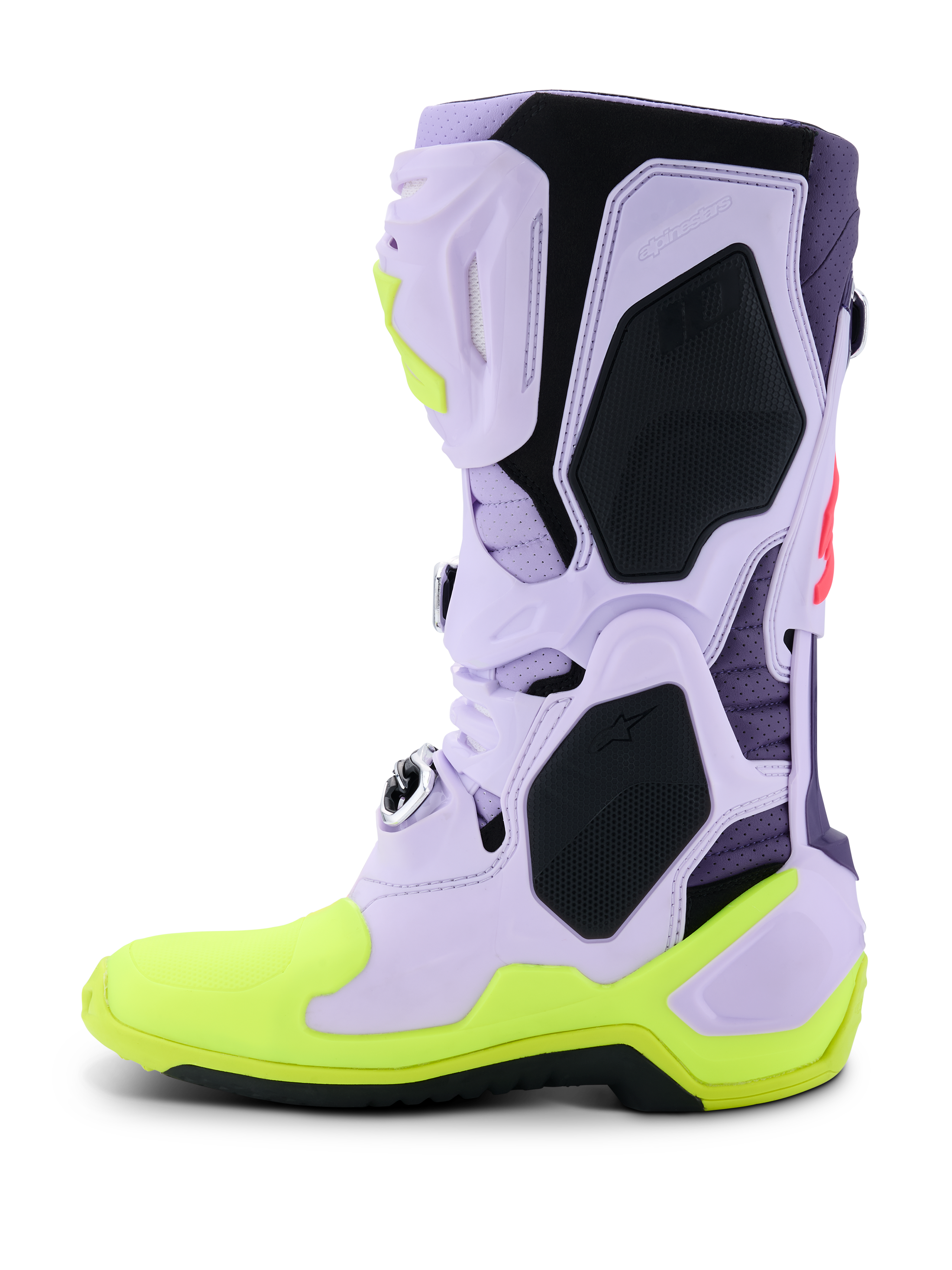 Stivali Alpinestars Tech 10 Supervented, stivali da motocross, viola, giallo fluo e rosa diva, profilo laterale con tomaia in microfibra lavanda traforata, pannelli protettivi in TPU nero e suola giallo neon, calzatura ventilata ad alte prestazioni per gare fuoristrada