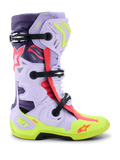 Stivali Alpinestars Tech 10 Supervented, stivali da motocross, viola, giallo fluo e rosa Diva, vista laterale con fibbie nere regolabili, pannelli in microfibra ventilata, suola giallo neon rinforzata e guscio protettivo ad alte prestazioni