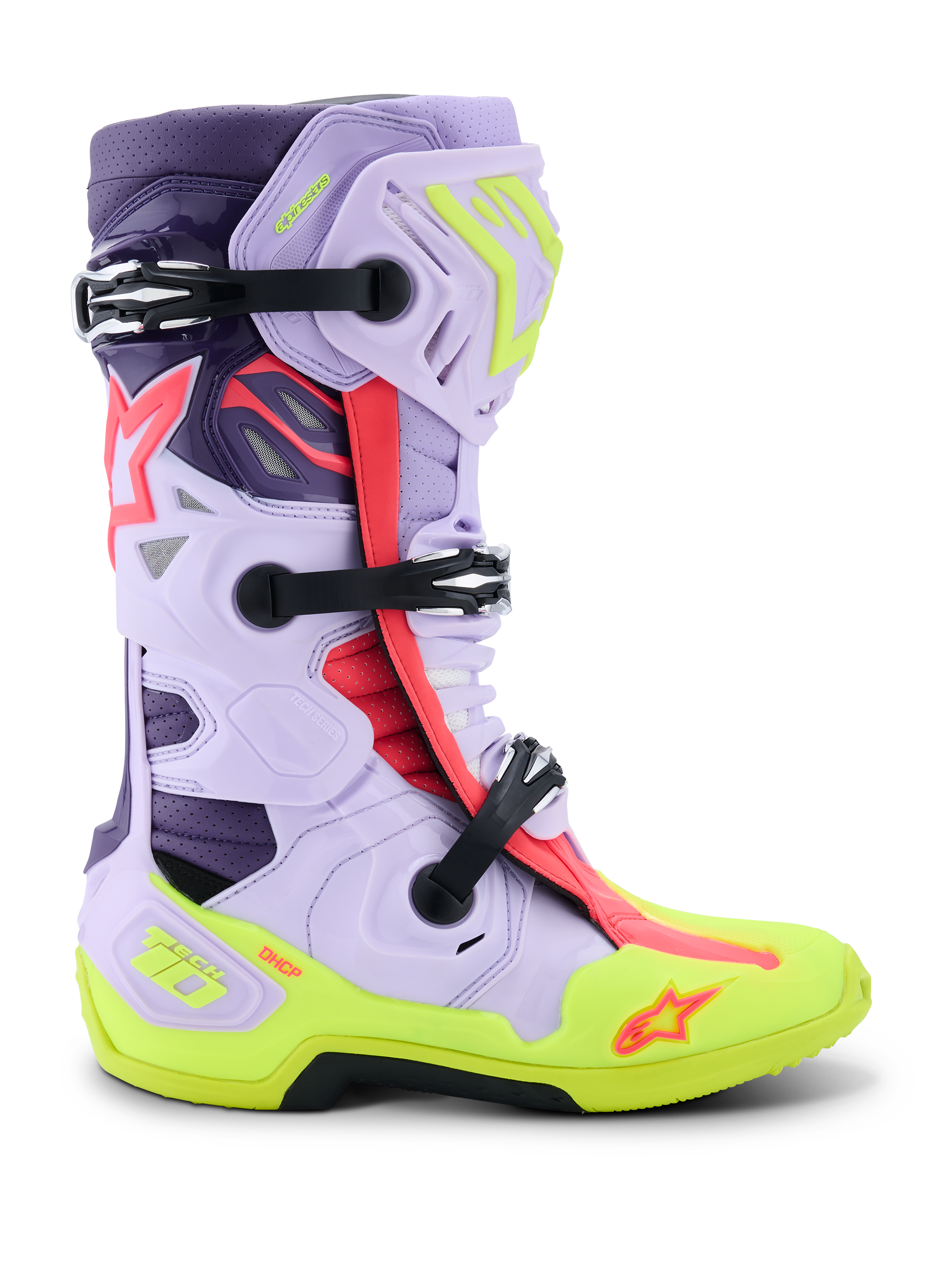 Stivali Alpinestars Tech 10 Supervented, stivali da motocross, viola, giallo fluo e rosa Diva, vista laterale con fibbie nere regolabili, pannelli in microfibra ventilata, suola giallo neon rinforzata e guscio protettivo ad alte prestazioni