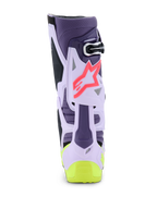 Alpinestars Tech 10 Supervented Boots, vista posteriore, colorazione viola, giallo fluo e rosa Diva, con struttura in TPU ventilata, logo a stella rosa e dettaglio giallo acceso sul tallone, calzature da motocross professionali