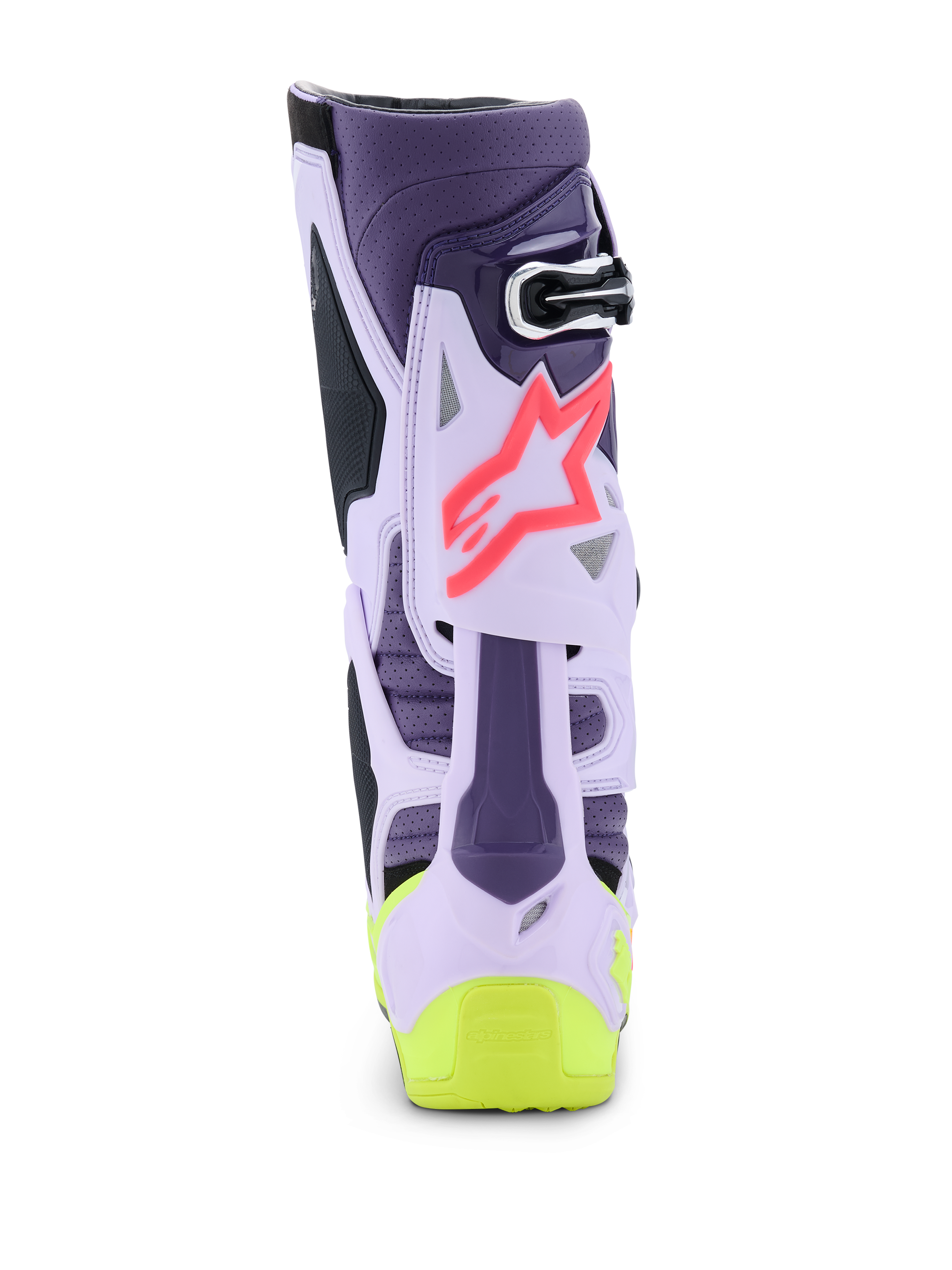 Alpinestars Tech 10 Supervented Boots, vista posteriore, colorazione viola, giallo fluo e rosa Diva, con struttura in TPU ventilata, logo a stella rosa e dettaglio giallo acceso sul tallone, calzature da motocross professionali