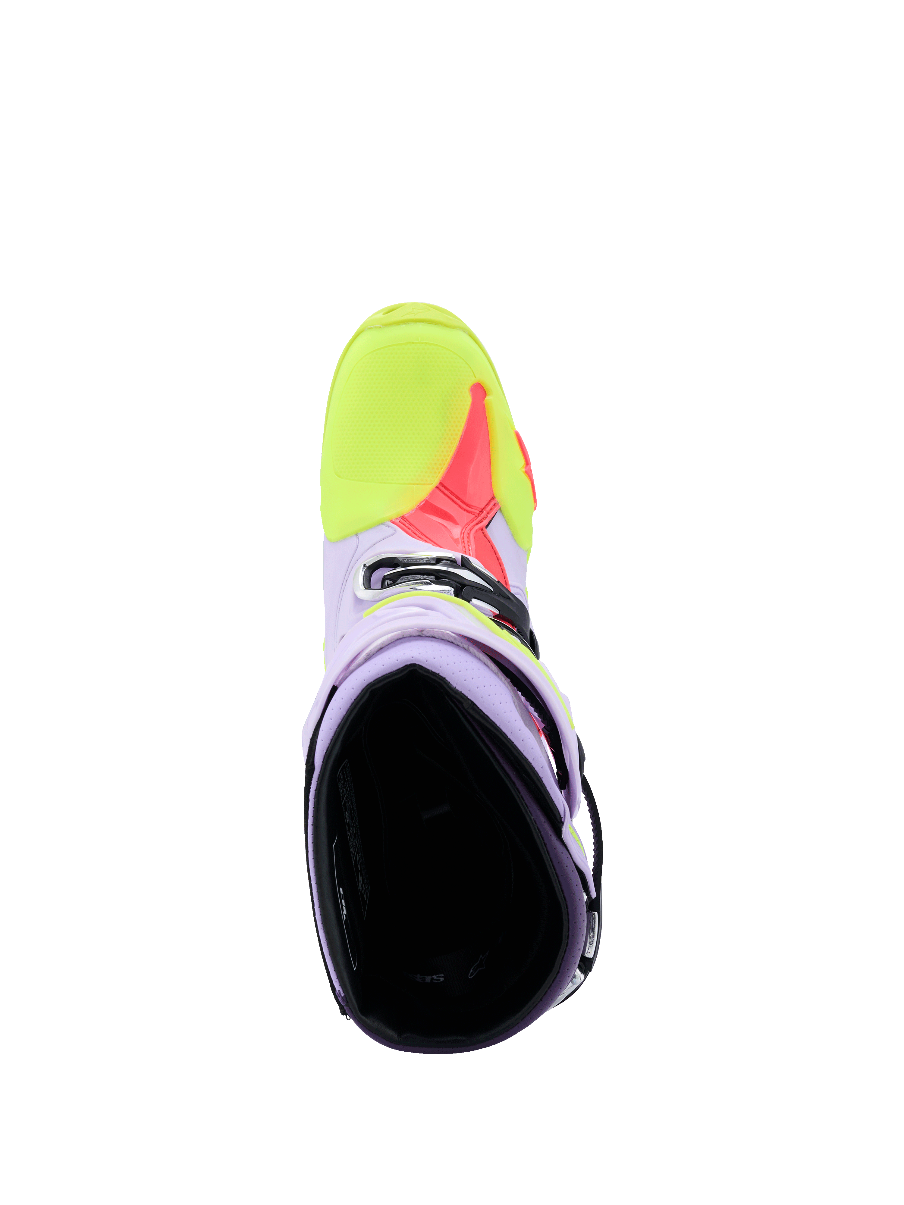 Stivali Alpinestars Tech 10 Supervented in viola, giallo fluo e Diva Pink, vista dall'alto che mostra l'interno e la struttura in microfibra traforata per la circolazione dell'aria, calzature da motocross ad alte prestazioni