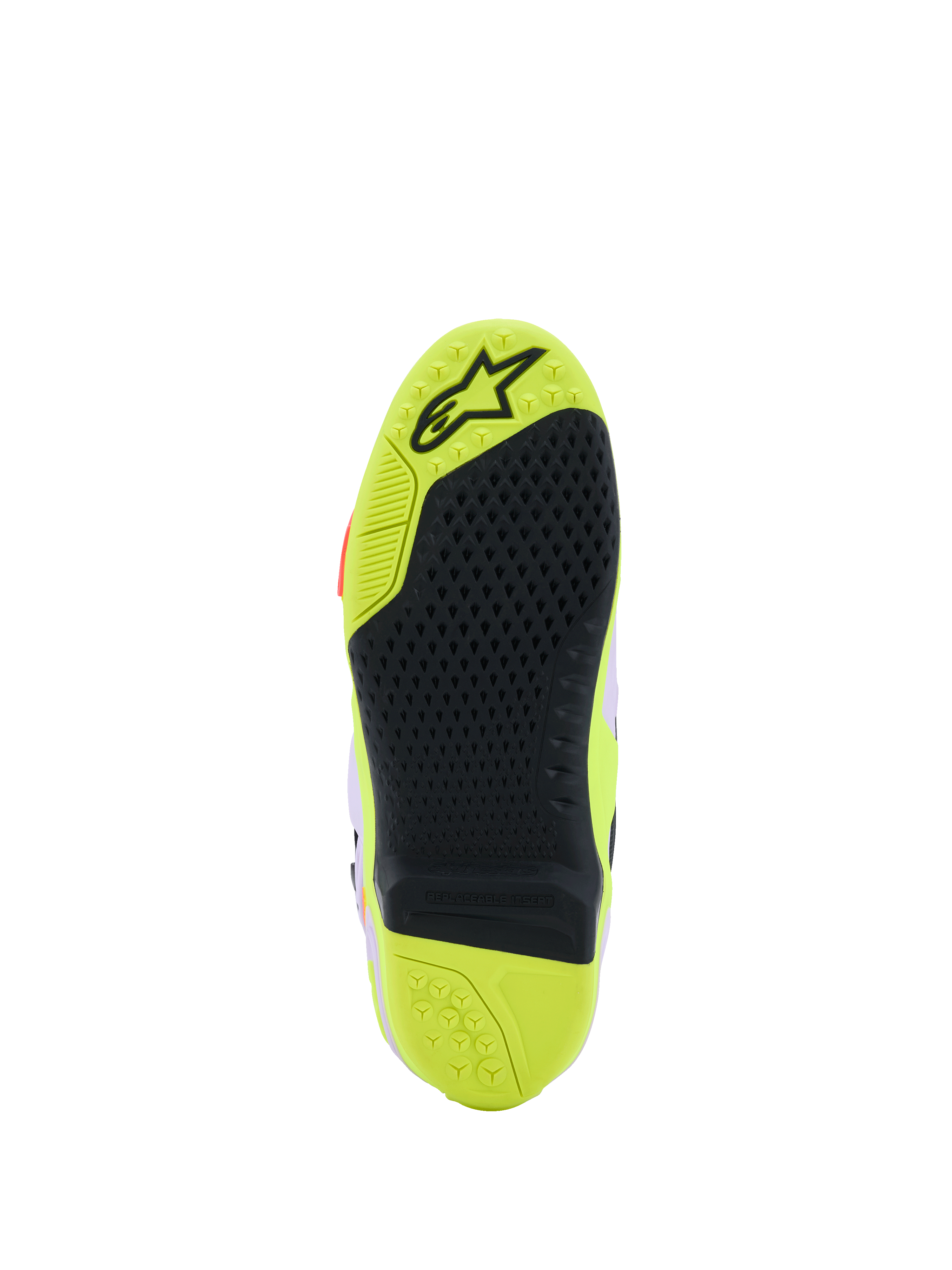 Stivali Alpinestars Tech 10 Supervented, vista dettagliata della suola, Giallo Fluo e Nero, con motivo a nido d'ape per il grip, inserto centrale sostituibile e superficie strutturata per la trazione sulle pedane