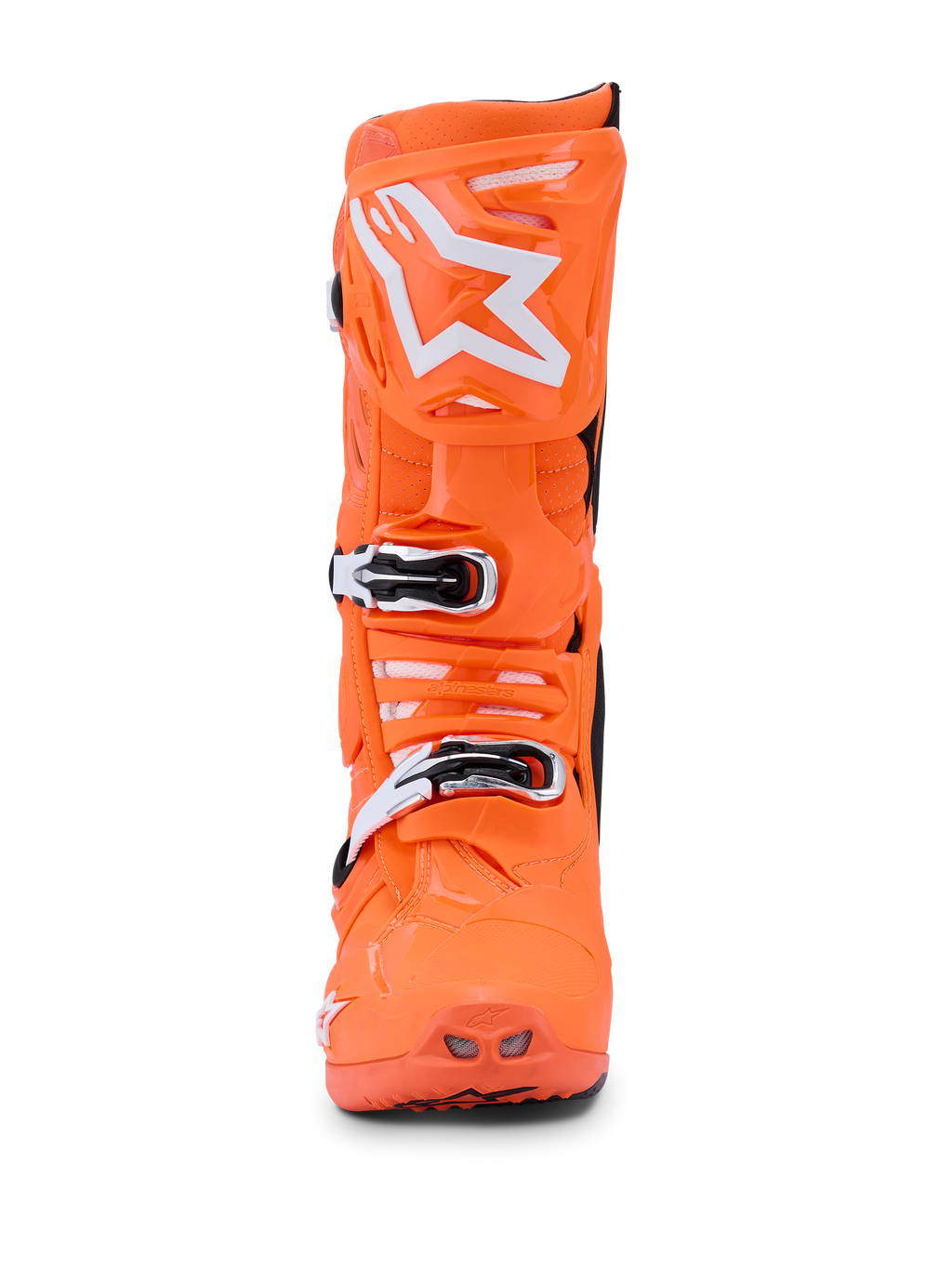 Stivali Alpinestars Tech 10 Supervented, Arancione Fluo Nero Bianco, vista frontale di un singolo stivale da motocross in arancione neon brillante, logo Alpinestars a stella bianco sulla piastra tibiale, fibbie meccaniche e prese d'aria perforate per prestazioni off-road