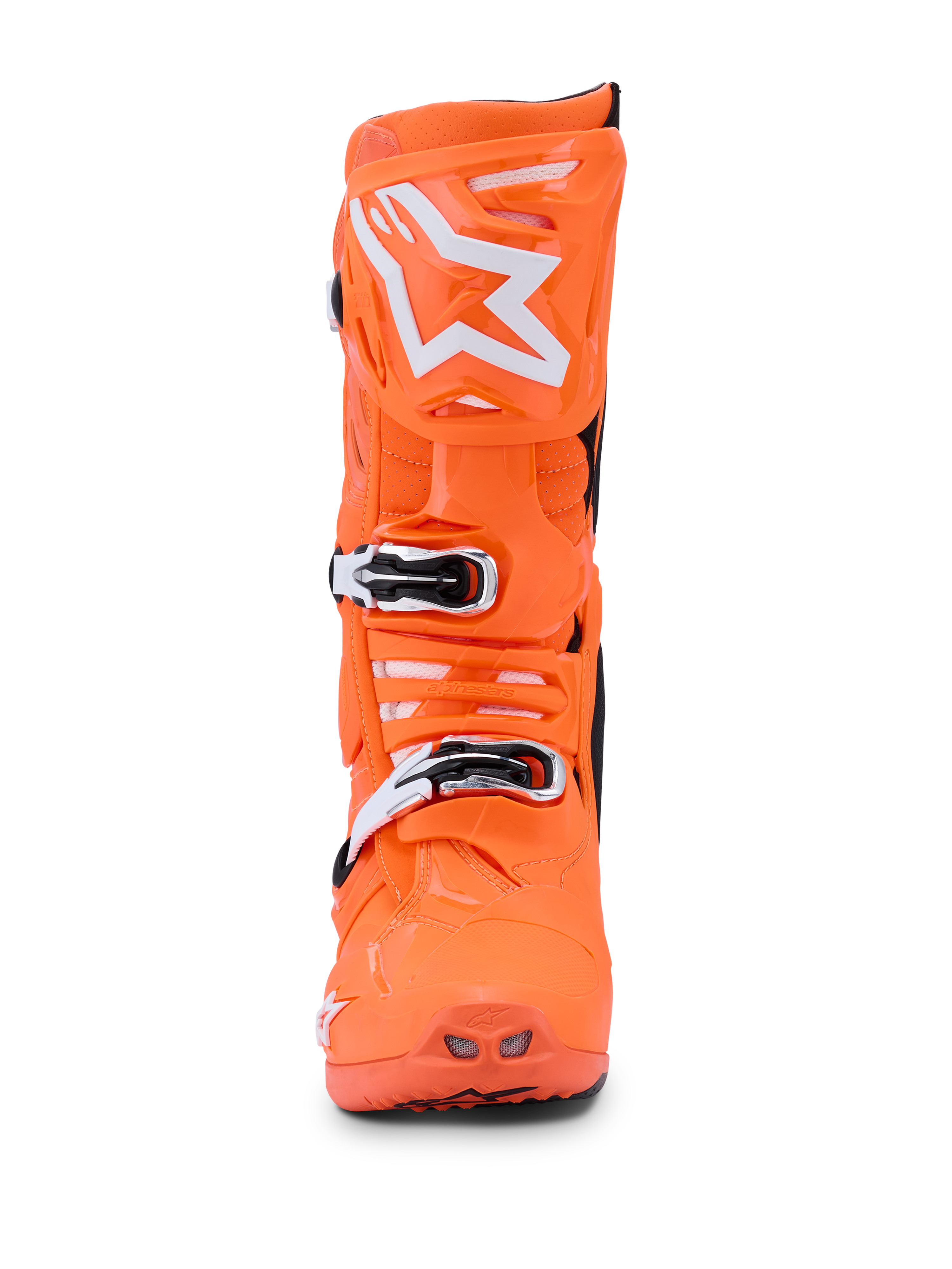 Stivali Alpinestars Tech 10 Supervented, Arancione Fluo Nero Bianco, vista frontale di un singolo stivale da motocross in arancione neon brillante, logo Alpinestars a stella bianco sulla piastra tibiale, fibbie meccaniche e prese d'aria perforate per prestazioni off-road