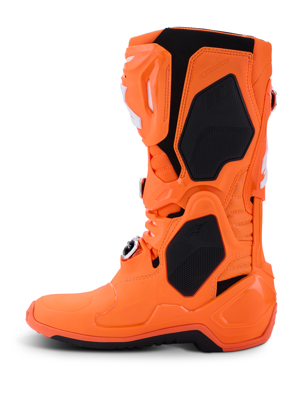 Alpinestars Tech 10 Supervented Boots, stivali da motocross, arancione fluo e nero, vista laterale, caratterizzati da guscio in TPU ventilato, pannelli in mesh per il flusso d'aria e sistema di fibbie regolabili, equipaggiamento da gara off-road ad alte prestazioni