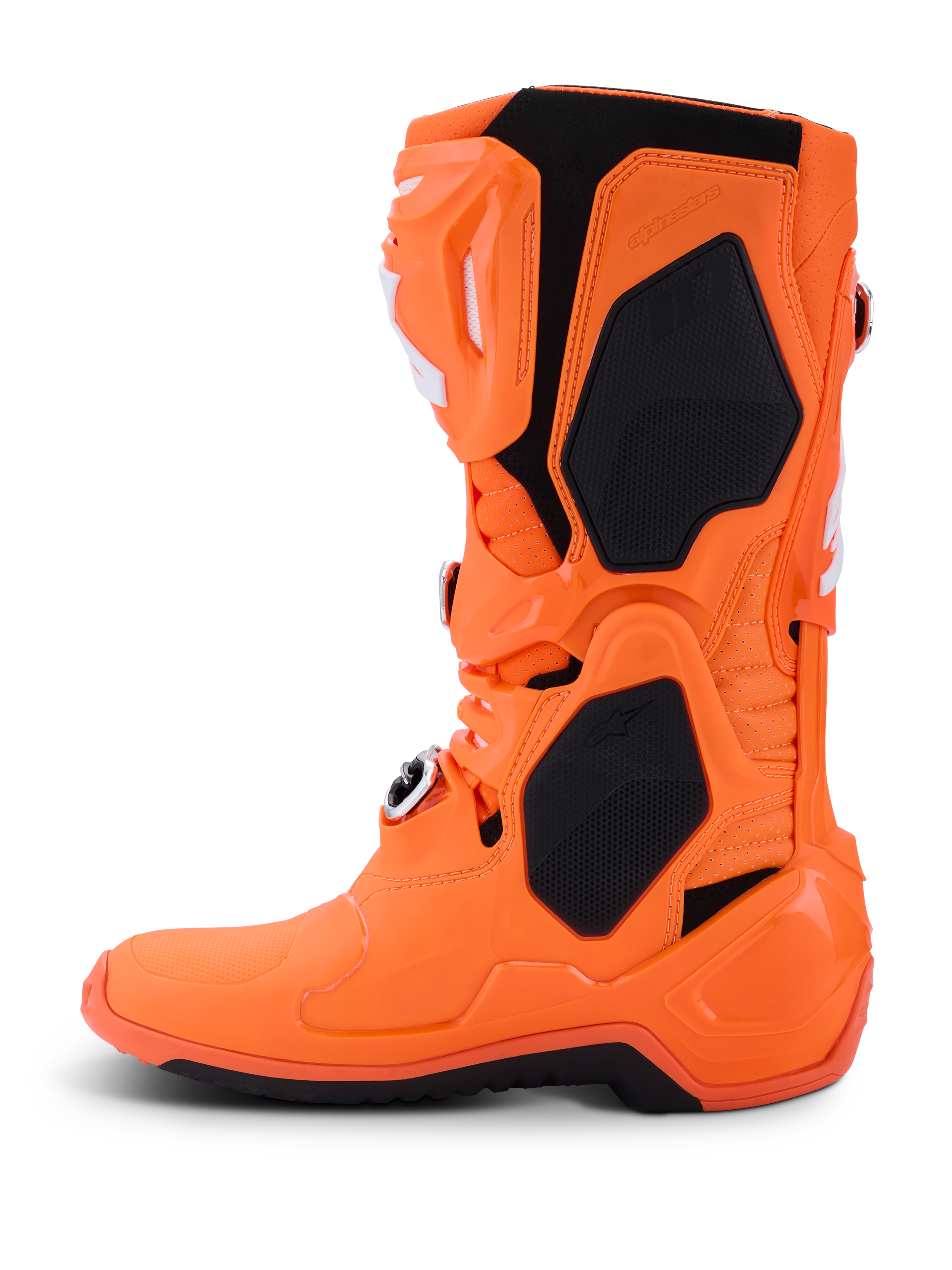 Alpinestars Tech 10 Supervented Boots, stivali da motocross, arancione fluo e nero, vista laterale, caratterizzati da guscio in TPU ventilato, pannelli in mesh per il flusso d'aria e sistema di fibbie regolabili, equipaggiamento da gara off-road ad alte prestazioni