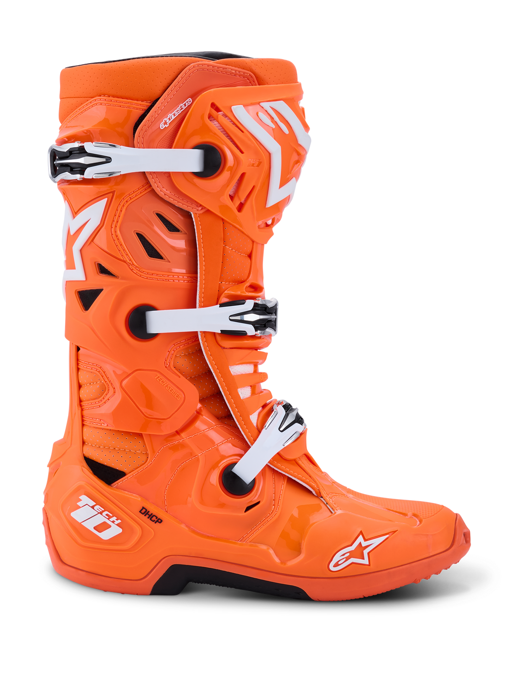 Stivali Alpinestars Tech 10 Supervented, stivali da motocross, arancione fluo e bianco, vista di profilo con fibbie meccaniche bianche e dettagli neri, design ventilato con pannelli traforati, calzature protettive da corsa premium