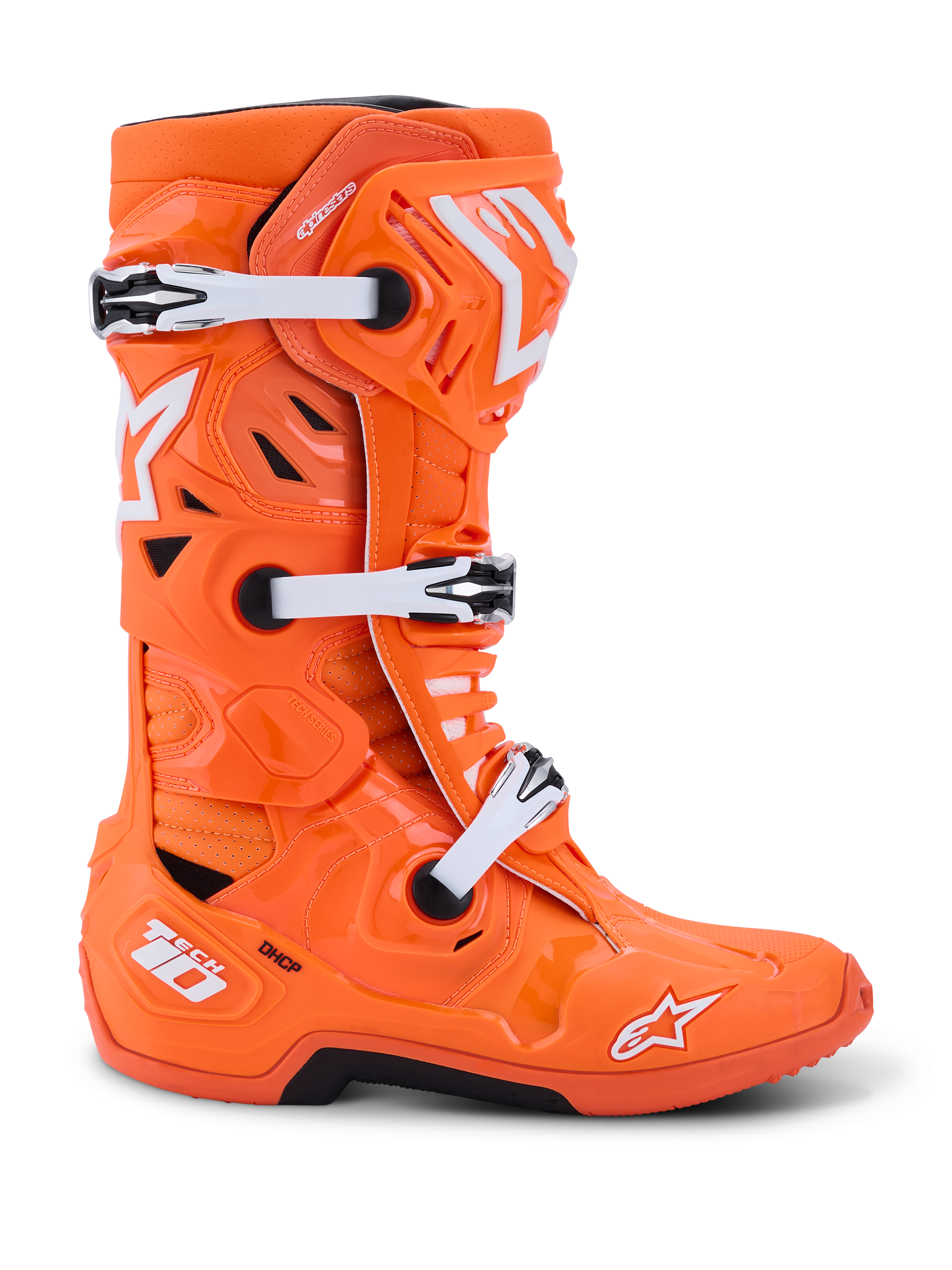 Stivali Alpinestars Tech 10 Supervented, stivali da motocross, arancione fluo e bianco, vista di profilo con fibbie meccaniche bianche e dettagli neri, design ventilato con pannelli traforati, calzature protettive da corsa premium