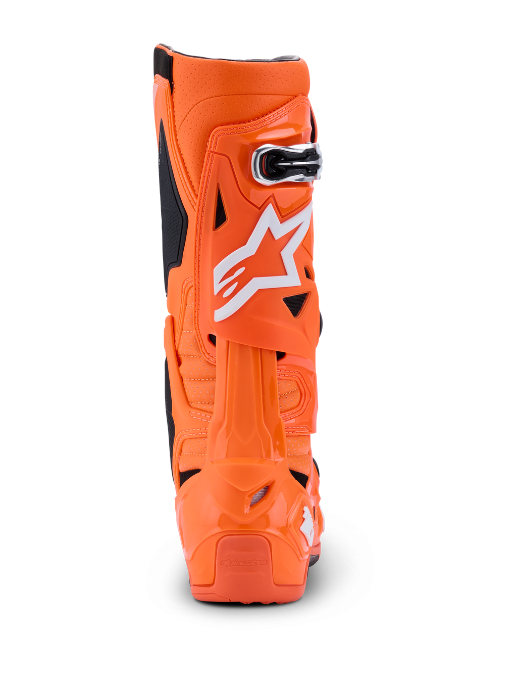 Alpinestars Tech 10 Supervented Boots, arancione fluo nero bianco, vista posteriore che mostra il profilo posteriore, guscio rigido in TPU con logo Alpinestars bianco, calzatura professionale da motocross