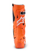 Alpinestars Tech 10 Supervented Boots, arancione fluo nero bianco, vista posteriore che mostra il profilo posteriore, guscio rigido in TPU con logo Alpinestars bianco, calzatura professionale da motocross