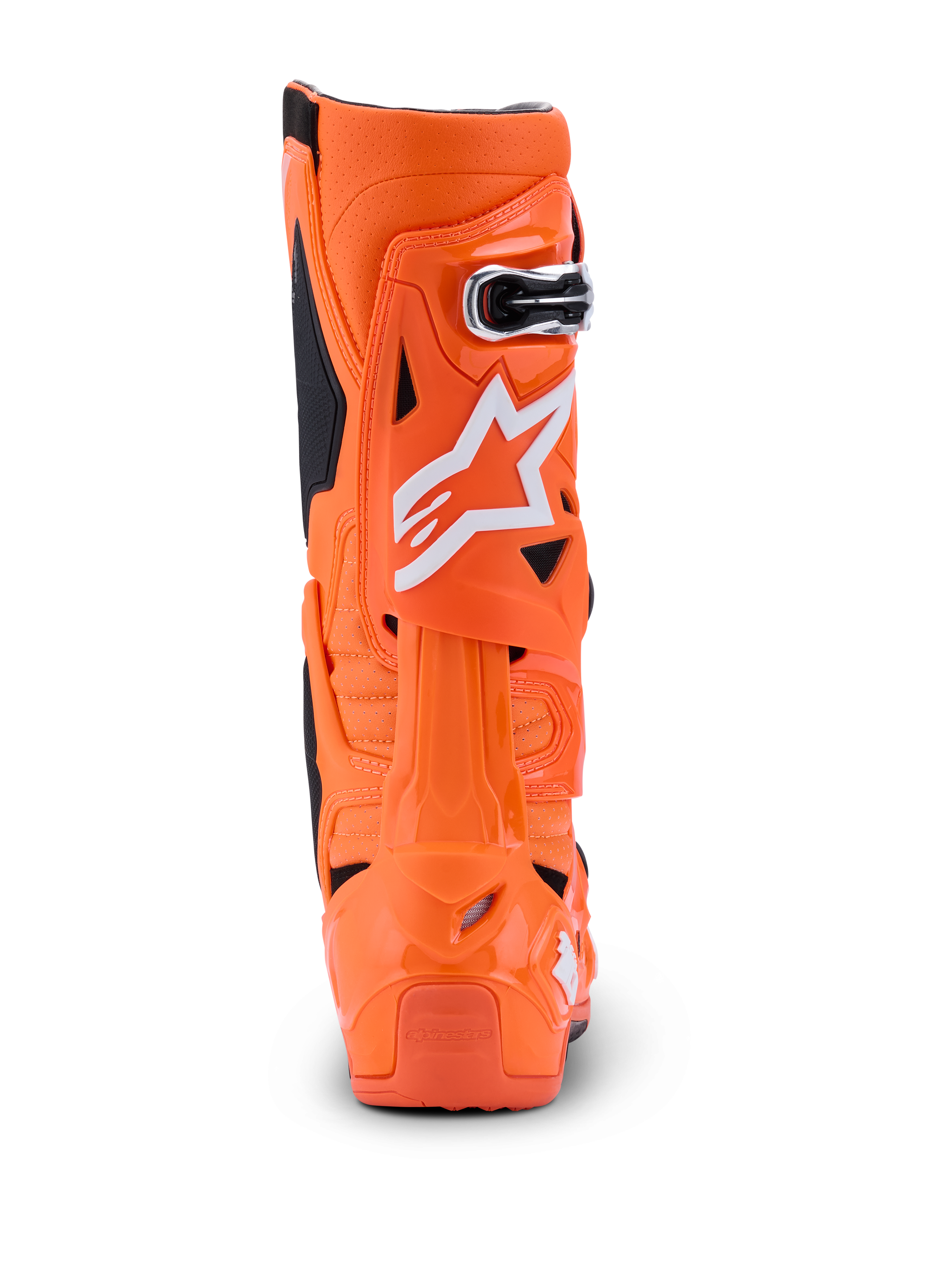 Alpinestars Tech 10 Supervented Boots, arancione fluo nero bianco, vista posteriore che mostra il profilo posteriore, guscio rigido in TPU con logo Alpinestars bianco, calzatura professionale da motocross