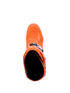 Stivali Alpinestars Tech 10 Supervented, arancione fluo nero bianco, vista dall'alto dell'interno dello stivale con dettaglio del puntale testurizzato e delle fibbie laterali, calzatura avanzata da gara motocross