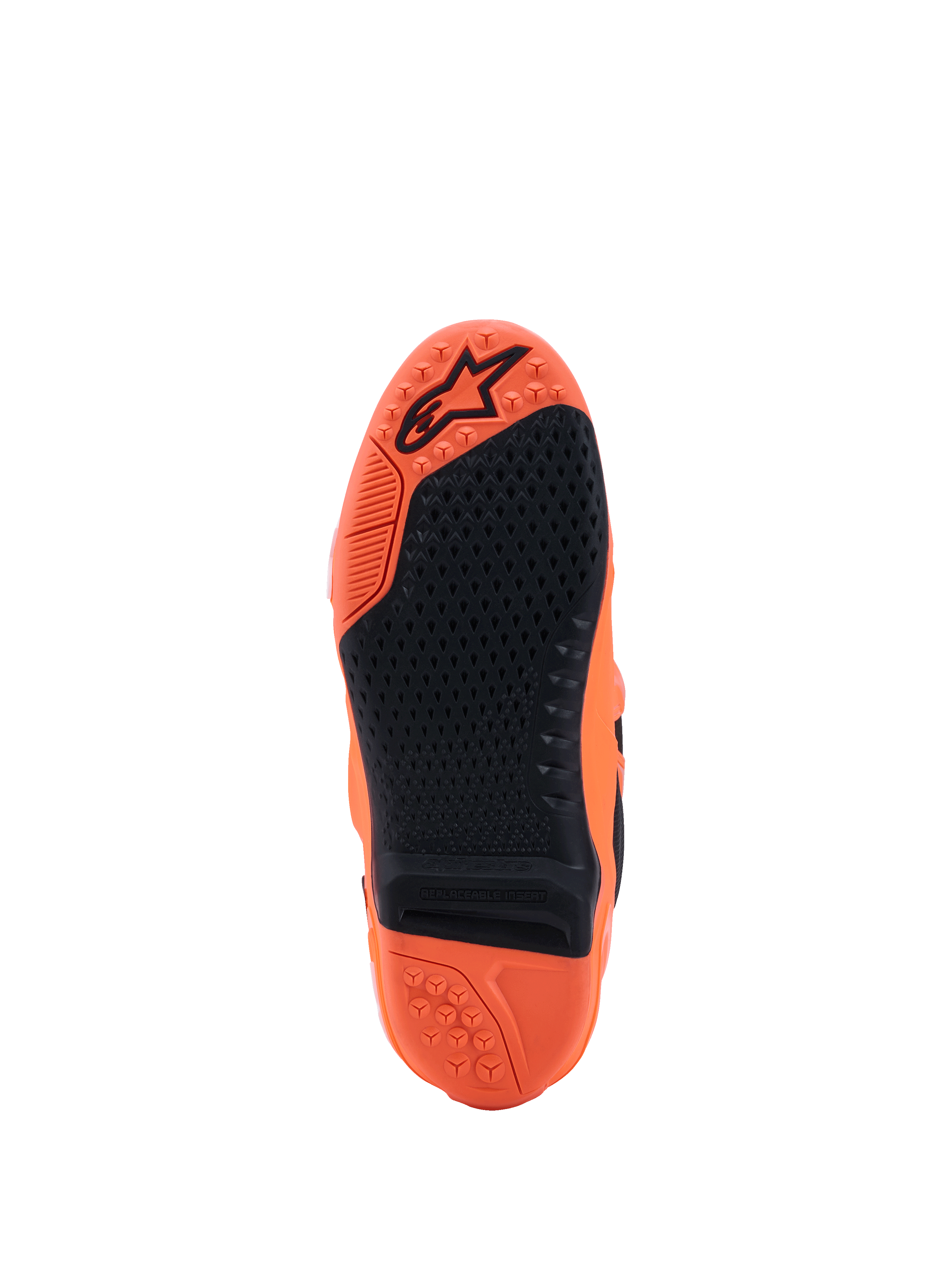 Stivali Alpinestars Tech 10 Supervented, arancione fluo e nero, vista della suola con grip in gomma nera testurizzata, inserto centrale sostituibile e logo in rilievo sul battistrada arancione, progettati per prestazioni motocross
