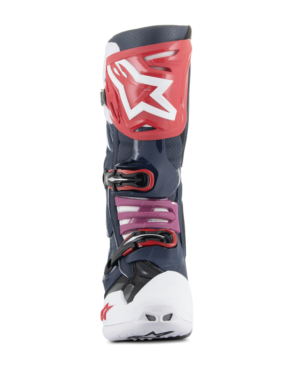 Alpinestars Tech 10 Supervented Boots, stivali da motocross, Night Navy White Rainbow, vista frontale con piastra tibiale rossa e logo bianco, punta ventilata bianca e struttura in microfibra traforata navy per la massima ventilazione.
