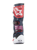 Alpinestars Tech 10 Supervented Boots, stivali da motocross, Night Navy White Rainbow, vista frontale con piastra tibiale rossa e logo bianco, punta ventilata bianca e struttura in microfibra traforata navy per la massima ventilazione.