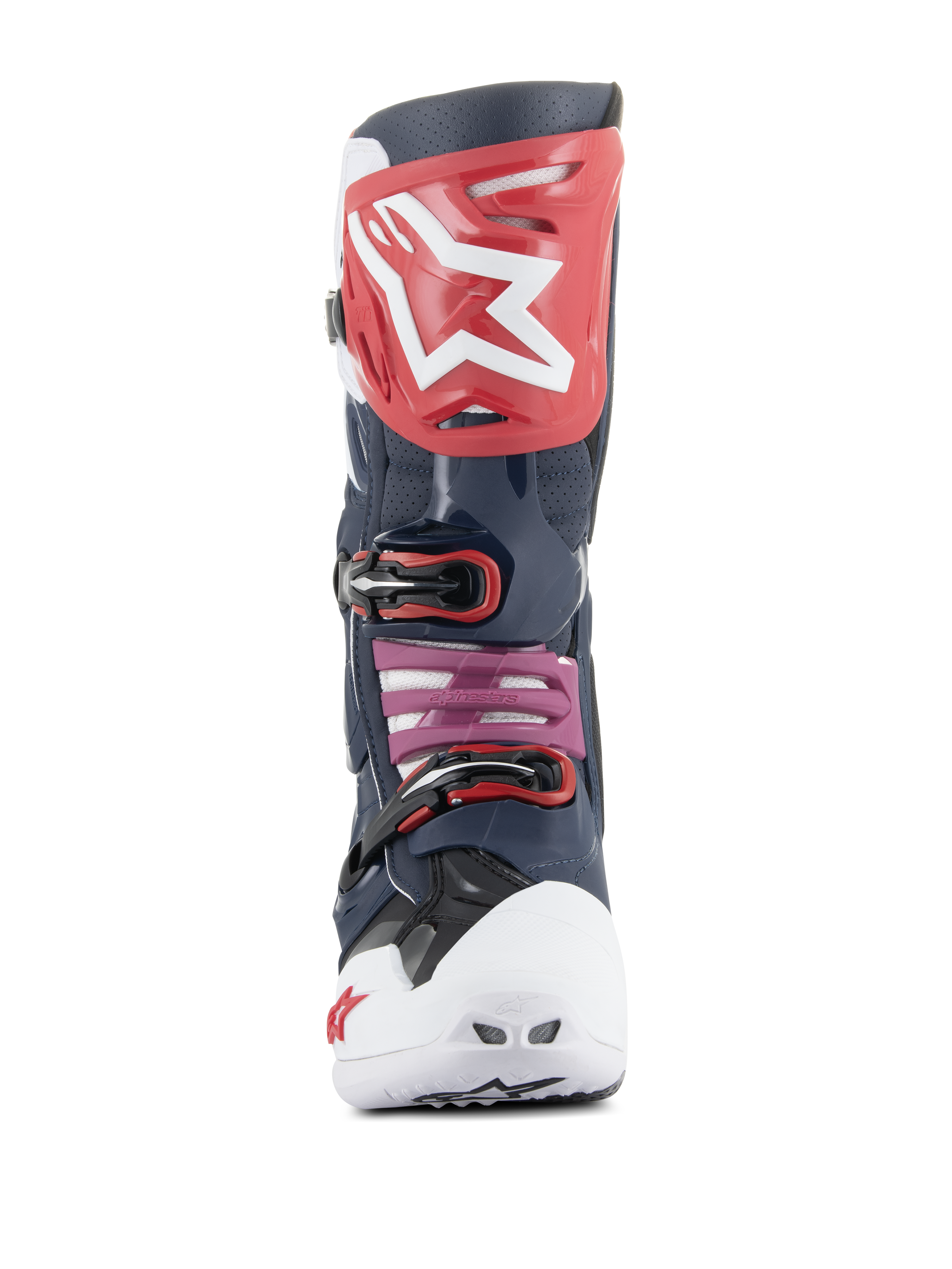 Alpinestars Tech 10 Supervented Boots, stivali da motocross, Night Navy White Rainbow, vista frontale con piastra tibiale rossa e logo bianco, punta ventilata bianca e struttura in microfibra traforata navy per la massima ventilazione.