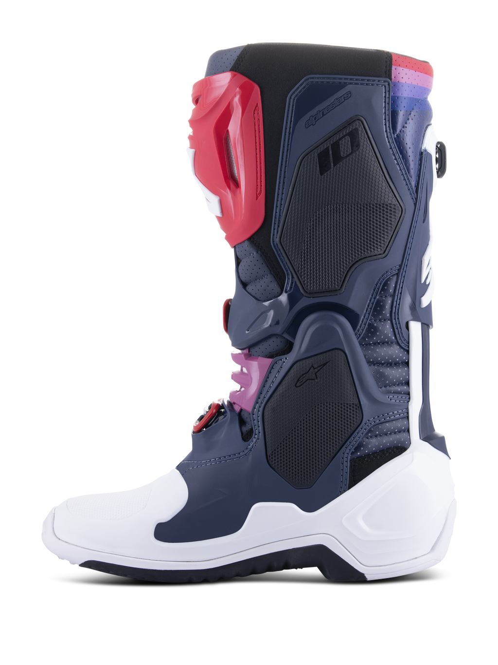 Stivali Alpinestars Tech 10 Supervented, stivali da motocross, Night Navy White Rainbow, vista laterale con pannelli in rete ventilata, scocca protettiva bianca e accenti colorati, calzature da fuoristrada ad alte prestazioni