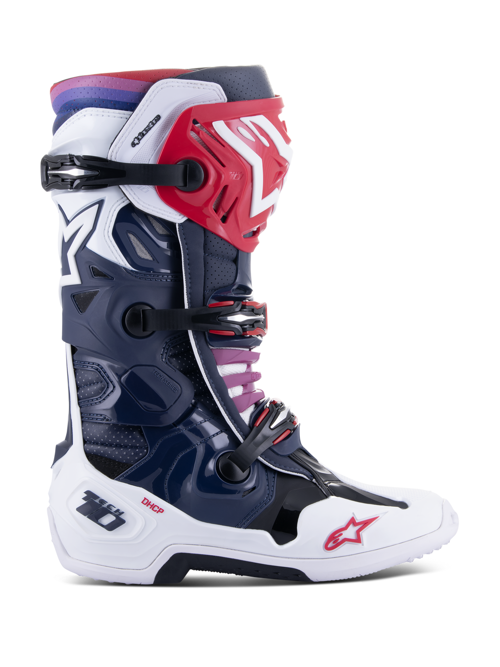 Stivali Alpinestars Tech 10 Supervented, stivali da motocross, colorazione Night Navy White Rainbow, vista laterale, scocca blu navy e bianca con dettagli rossi, fibbie nere, sfumatura da viola a rosso sul bordo superiore, costruzione ventilata ad alte prestazioni per protezione fuoristrada