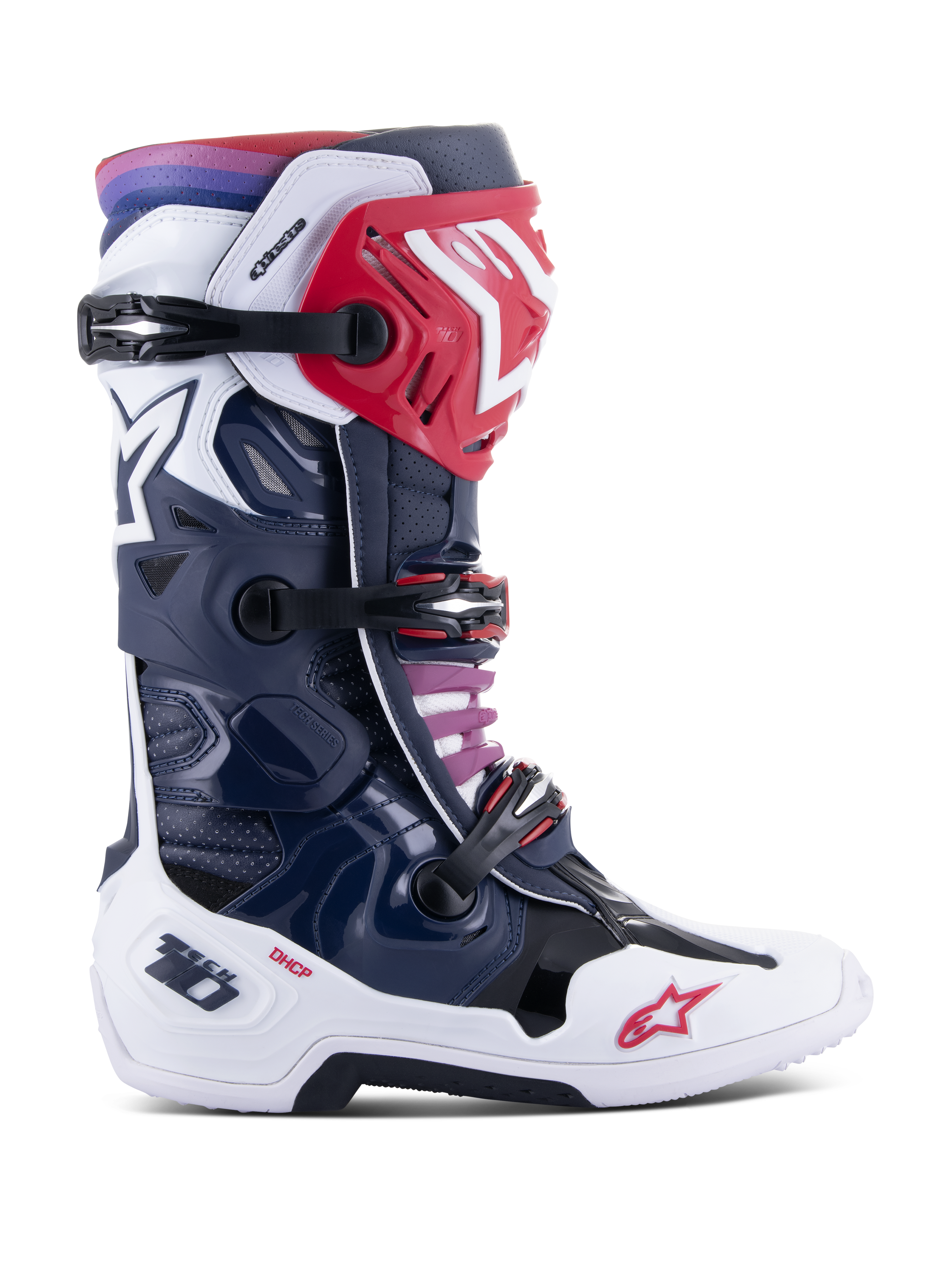 Stivali Alpinestars Tech 10 Supervented, stivali da motocross, colorazione Night Navy White Rainbow, vista laterale, scocca blu navy e bianca con dettagli rossi, fibbie nere, sfumatura da viola a rosso sul bordo superiore, costruzione ventilata ad alte prestazioni per protezione fuoristrada