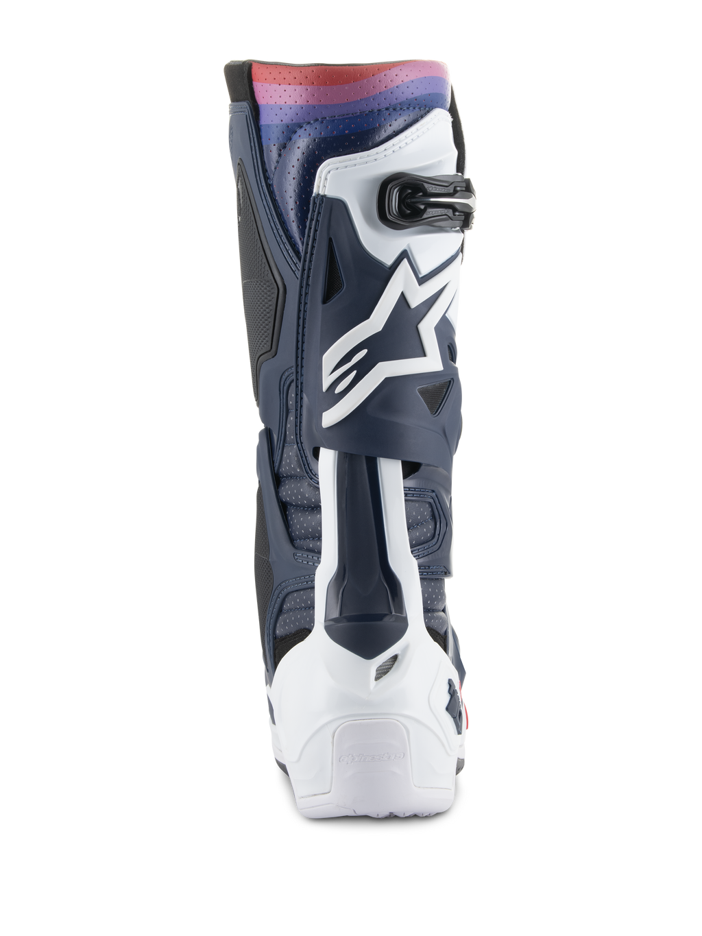 Stivali Alpinestars Tech 10 Supervented, stivali da motocross, Night Navy White Rainbow, vista posteriore che mostra la struttura in TPU blu navy e bianco con un vivace gradiente arcobaleno in alto, logo Astars bianco e pannelli ventilati per prestazioni off-road.