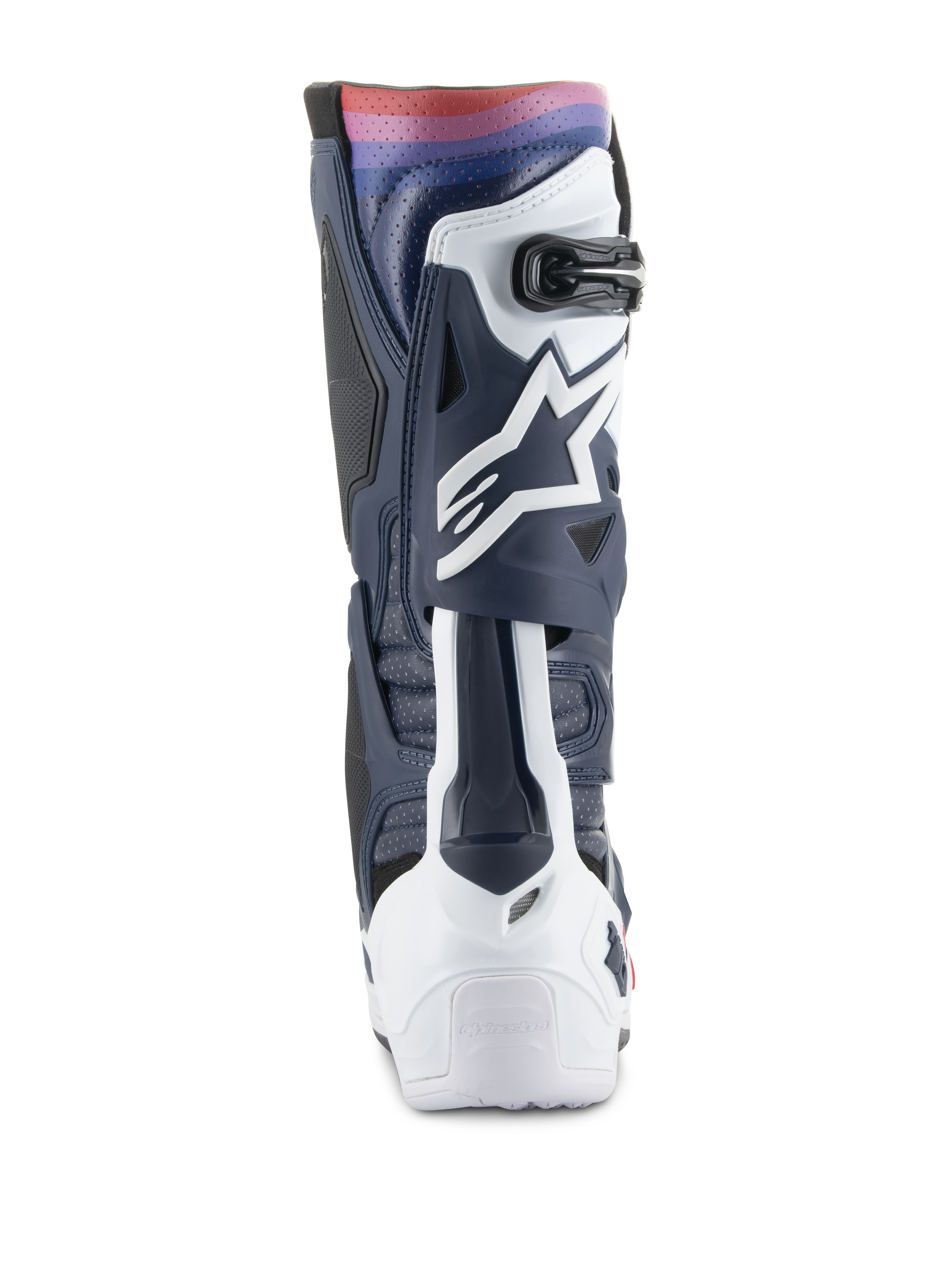 Stivali Alpinestars Tech 10 Supervented, stivali da motocross, Night Navy White Rainbow, vista posteriore che mostra la struttura in TPU blu navy e bianco con un vivace gradiente arcobaleno in alto, logo Astars bianco e pannelli ventilati per prestazioni off-road.