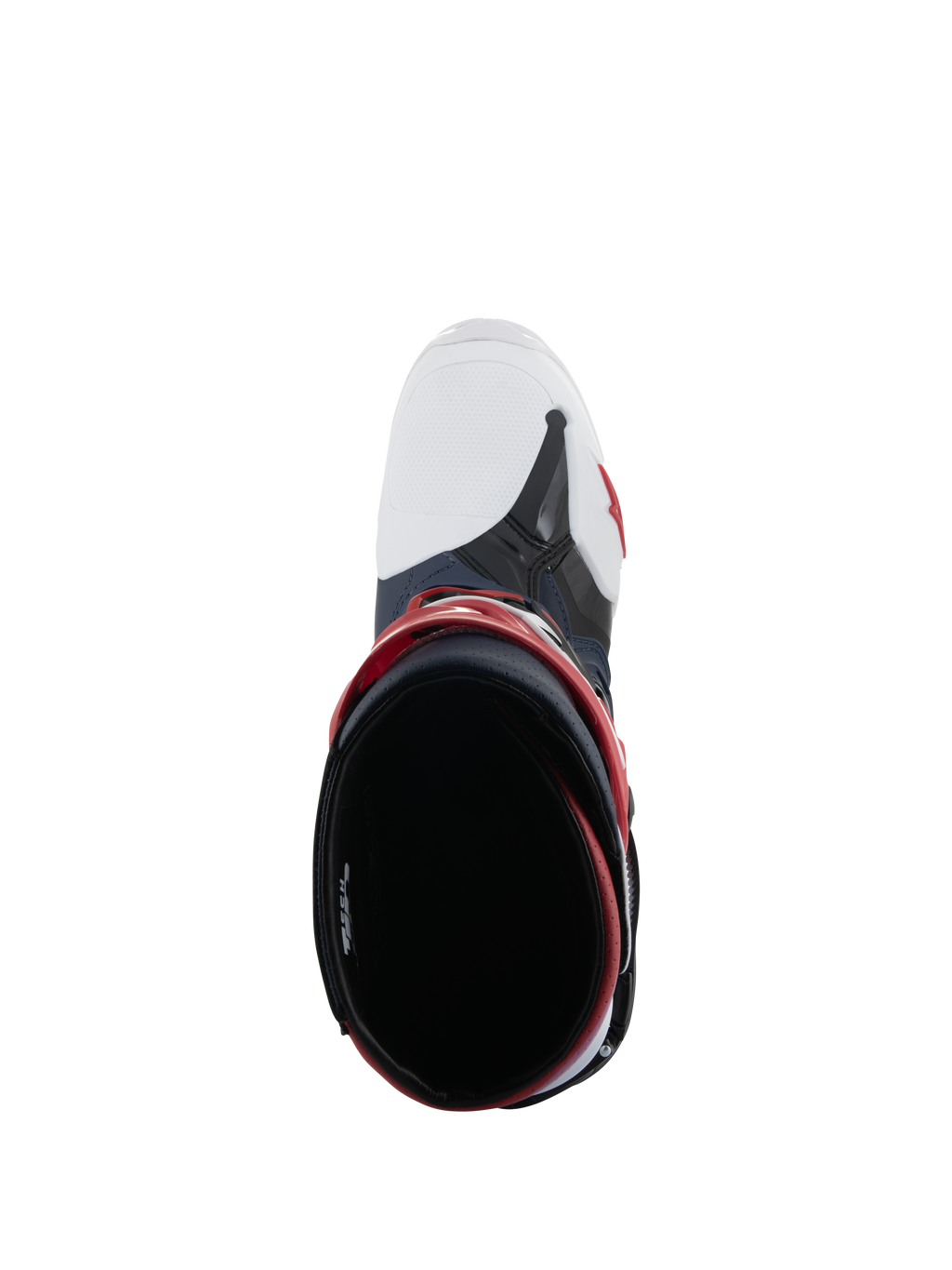 Stivali Alpinestars Tech 10 Supervented, vista dall'alto dell'apertura dello stivale, Night Navy White Rainbow, con punta bianca ventilata e dettagli rossi, calzature da motocross ad alte prestazioni progettate per il massimo flusso d'aria.