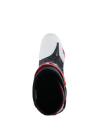 Stivali Alpinestars Tech 10 Supervented, vista dall'alto dell'apertura dello stivale, Night Navy White Rainbow, con punta bianca ventilata e dettagli rossi, calzature da motocross ad alte prestazioni progettate per il massimo flusso d'aria.
