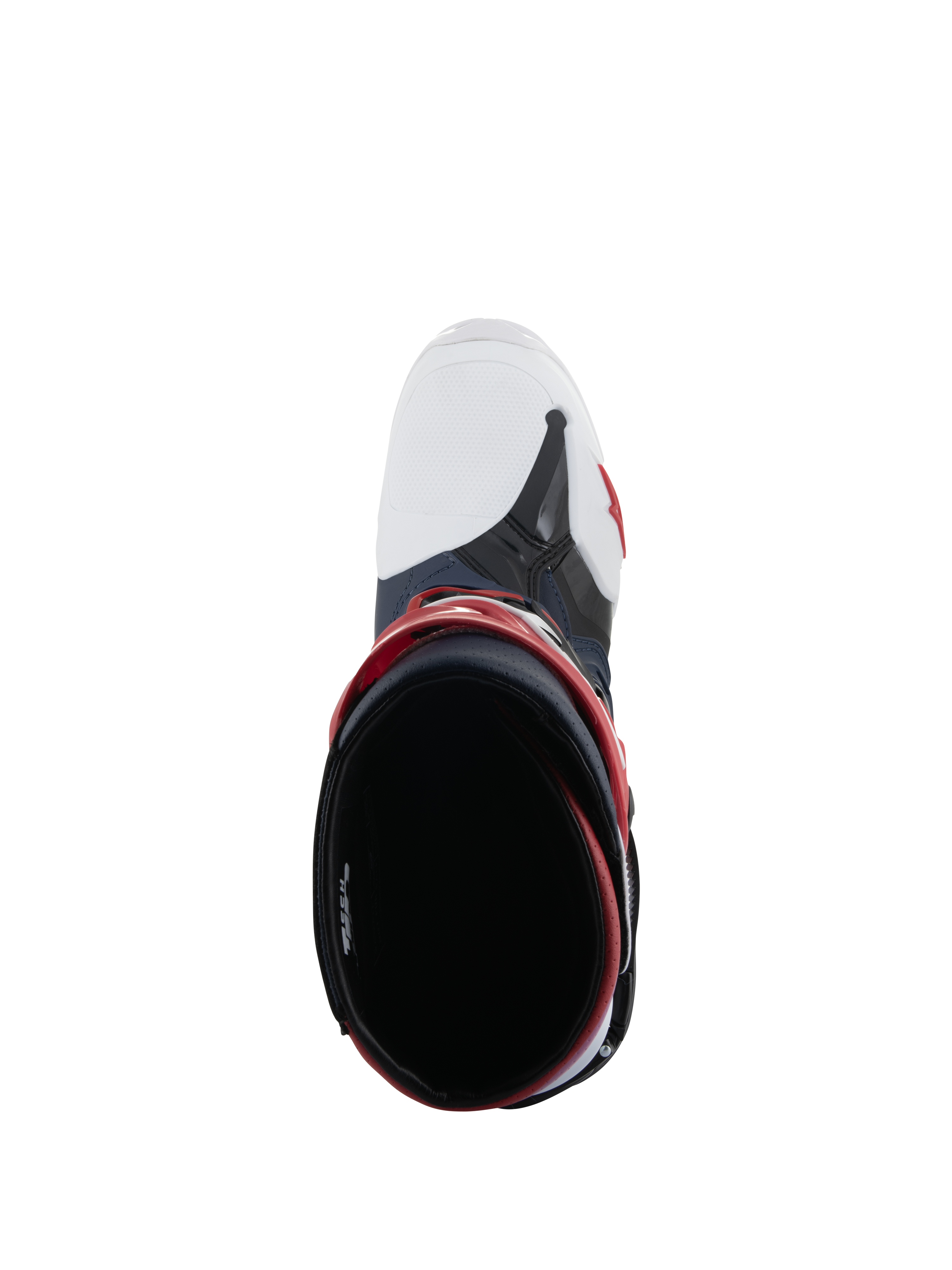 Stivali Alpinestars Tech 10 Supervented, vista dall'alto dell'apertura dello stivale, Night Navy White Rainbow, con punta bianca ventilata e dettagli rossi, calzature da motocross ad alte prestazioni progettate per il massimo flusso d'aria.