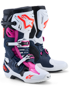 Alpinestars Stivali Tech-10 Supervented da uomo, stivali da motocross blu scuro, bianchi e fucsia con gusci in TPU ventilati.