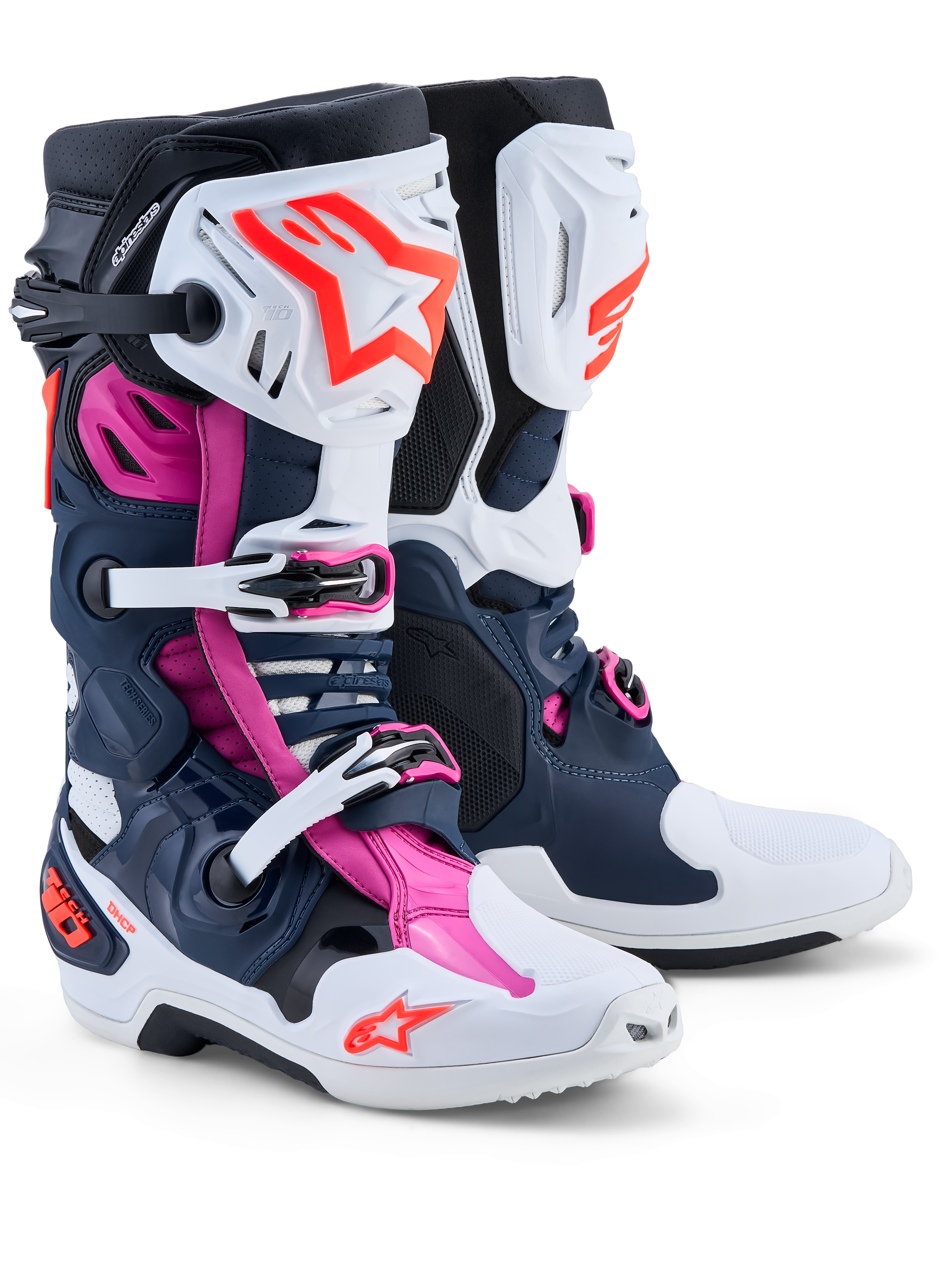 Alpinestars Stivali Tech-10 Supervented da uomo, stivali da motocross blu scuro, bianchi e fucsia con gusci in TPU ventilati.